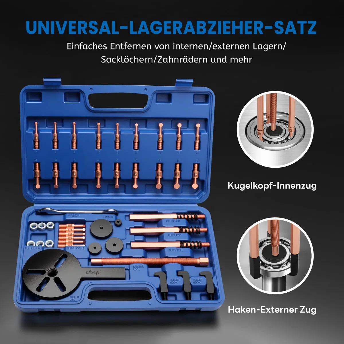 DISEN 36-in-1 Lagerabzieher Set, Innenlager Abzieher Trennsatz, Radlager Werkzeug, Lagerabzieher Innen für Radlager Ausbau Demontage Werkzeug, Blau