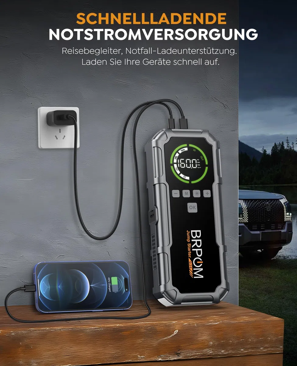 BRPOM Starthilfe Powerbank 8000A, Auto Starthilfe mit Kompressor 160PSI, 26800mAh Batteriestarter für alle Benzinmotoren und bis 12,0L Dieselmotoren, LED-Licht und Powerbank
