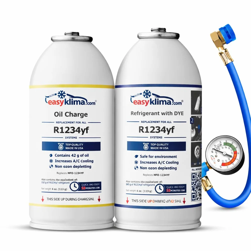 EasyKlima R1234yf Set ab Baujahr 2016 – Kältemittel mit UV DYE + Oil Charge (Öl mit Kältemittel) + Schlauch mit Manometer, Kupferanschluss, für R1234yf Klimaanlagen Veltao Set