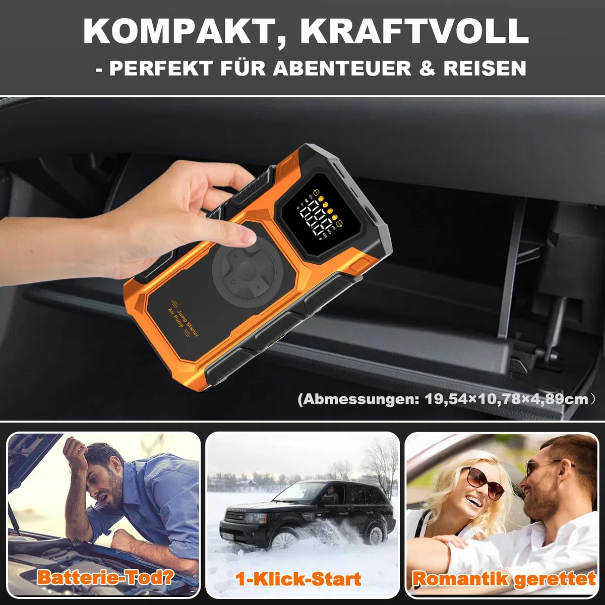 Starthilfe Powerbank für pkw, 6000A Auto Starthilfe Powerbank mit Kompressor 150PSI, 12V Starter Powerbank(bis Alle Benzin/10L Diesel), Batterie Booster Jump Starter mit QC3.0, Jumper/LCD/Taschenlampe