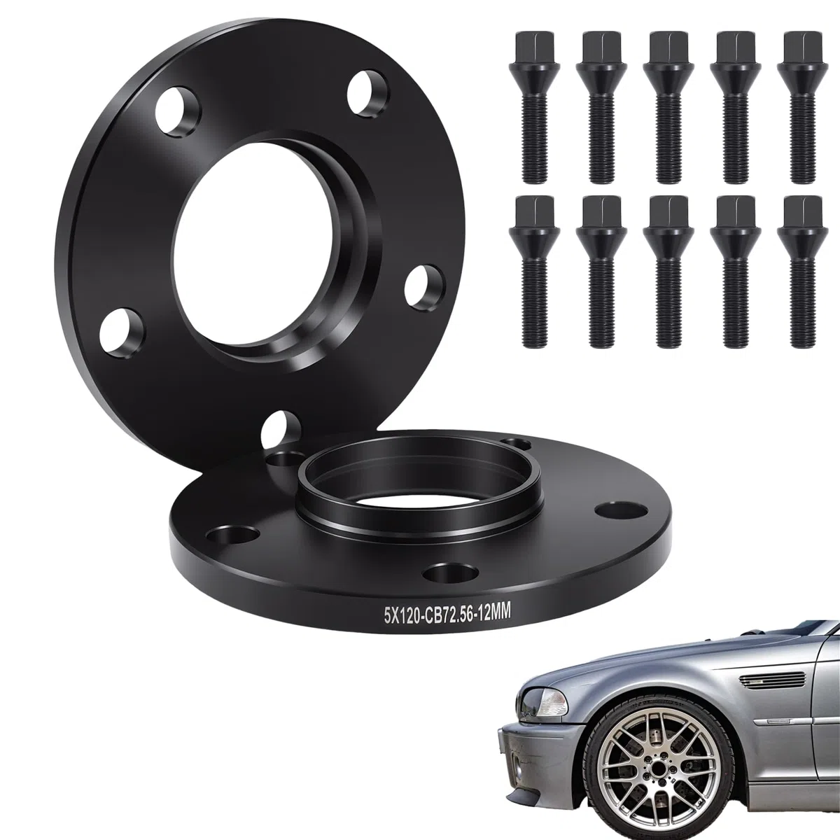 Radnaben-Distanzscheiben-Set, bestehend aus zwei 12-mm-Distanzscheiben, Lochkreis 5x120 mm, Mittenbohrungsdurchmesser 72,6 mm. Passend für BMW 3er E46, E90, E60 und Z4. (2x12mm 5x120 NLB:72.6)