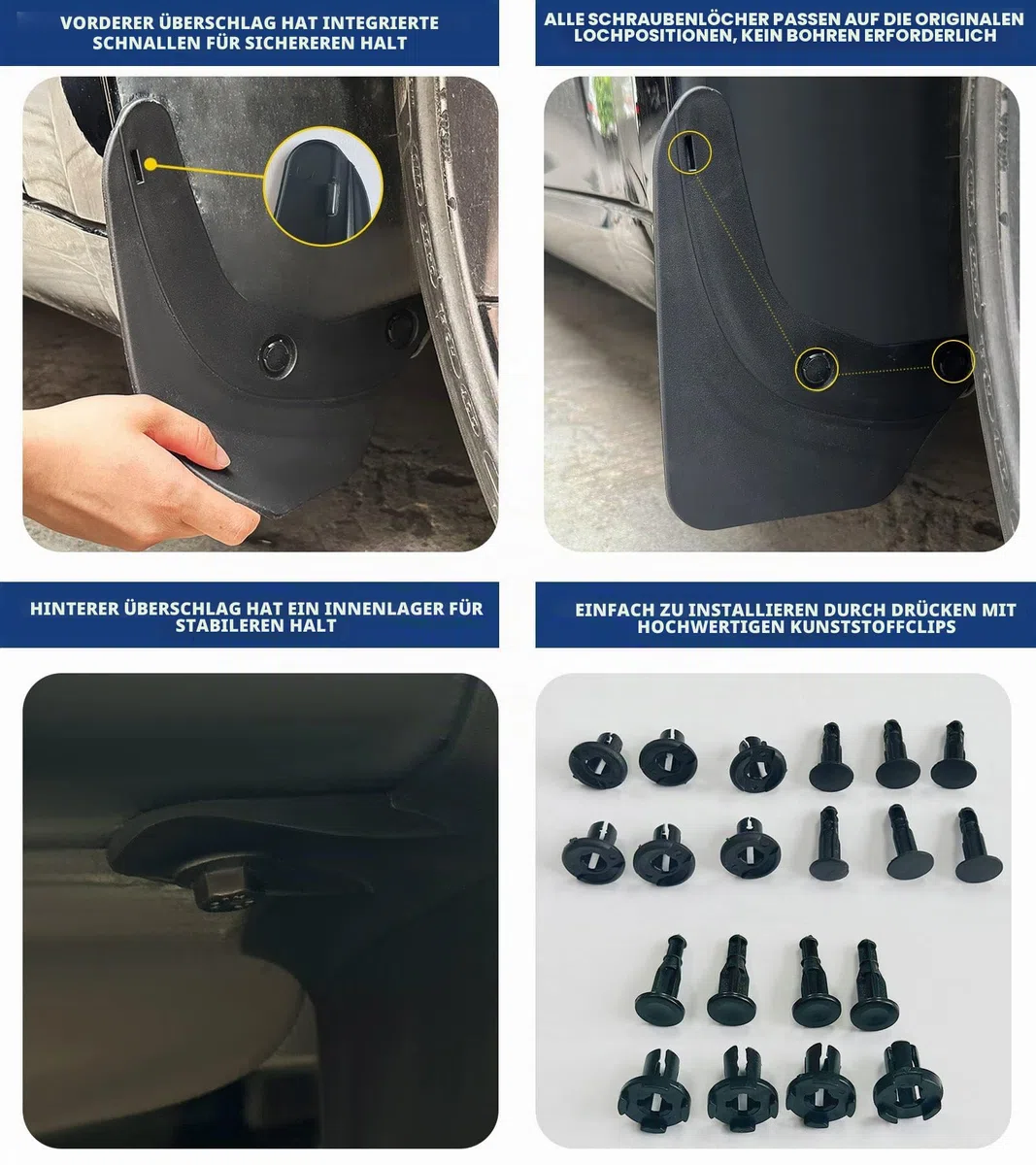 Schmutzfänger für Tesla Model 3 2023-2020, Upgraded Flexible Ohne Bohren/Klebeband, Spritzschutz Kotflügel Zubehör, 4 Stück
