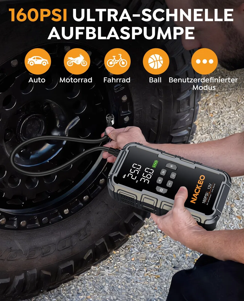 8000A Starthilfe Powerbank für Pkw mit Kompressor (160PSI), 12V Auto Starthilfe Powerbank für Benzin & bis 12L Diesel, tragbarer Jump Starter mit 600LM LED-Licht, Starthilfekabeln & großem LCD-Display