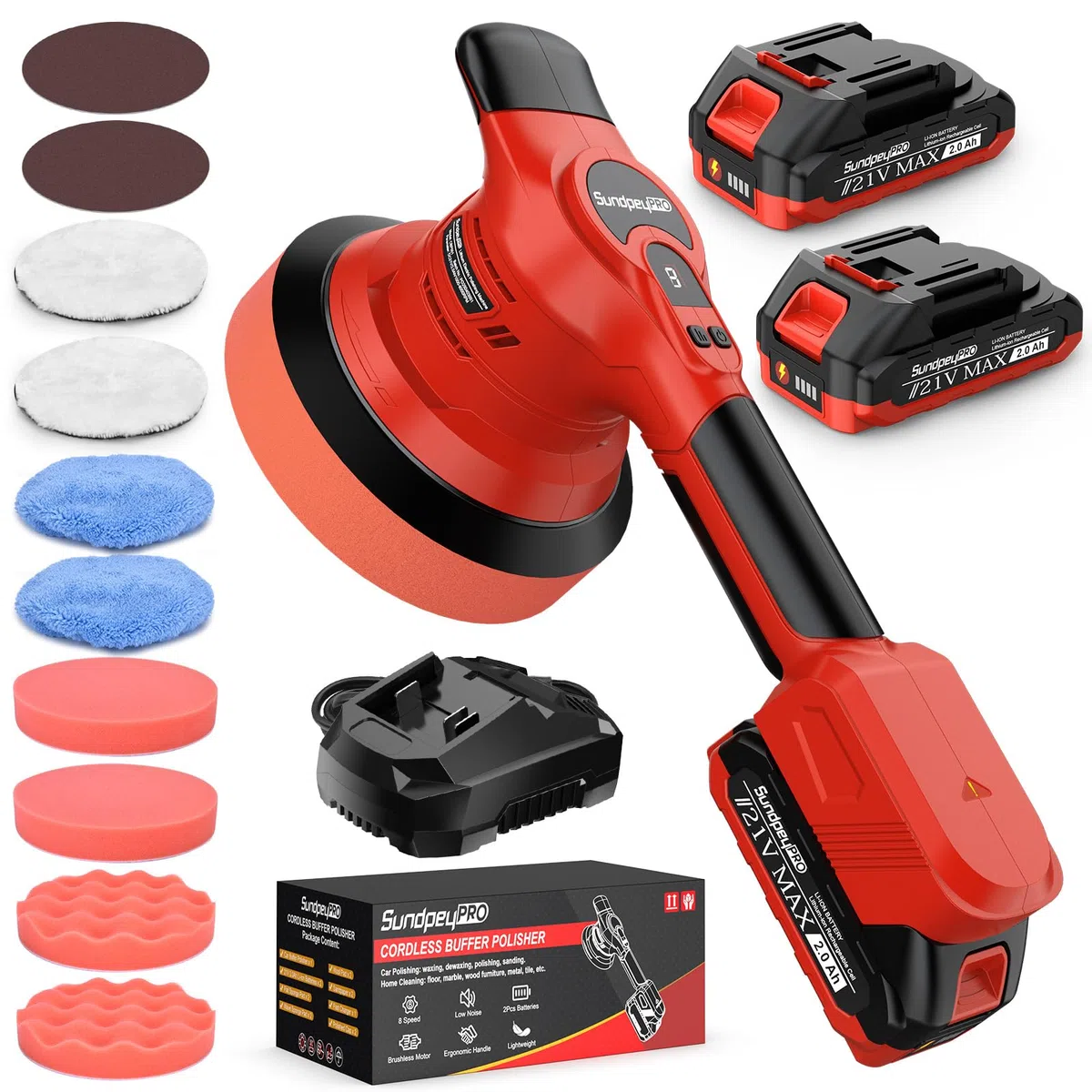 21V Poliermaschine Auto Akku, 6 Zoll Akku Poliermaschine mit Bürstenloser Motor & 2 Akkus & 8 Geschwindigkeitsstufen & 8000 U/min & 9mm Exzenter, für Wachsen, Polieren und Kratzerentfernung
