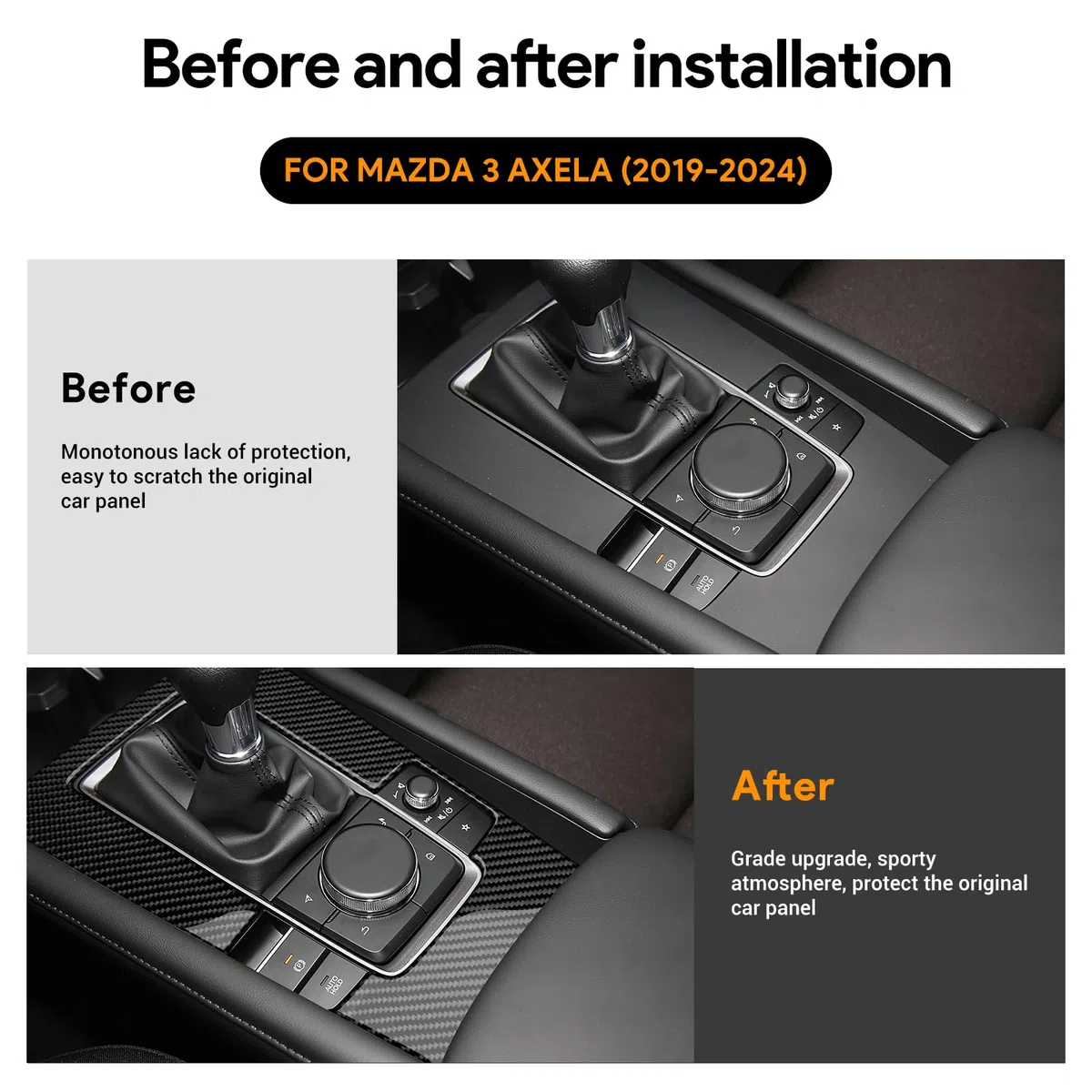 KUNGKIC Für Mazda 3 BP Axela 2019-2024 Zubehör Kohlefaser Auto Schalttafel Abdeckung Getrieberahmen Aufkleber Gangschaltung Paneel Innenbereich Dekorative Accessories (Schaltgetriebe, Schwarz)