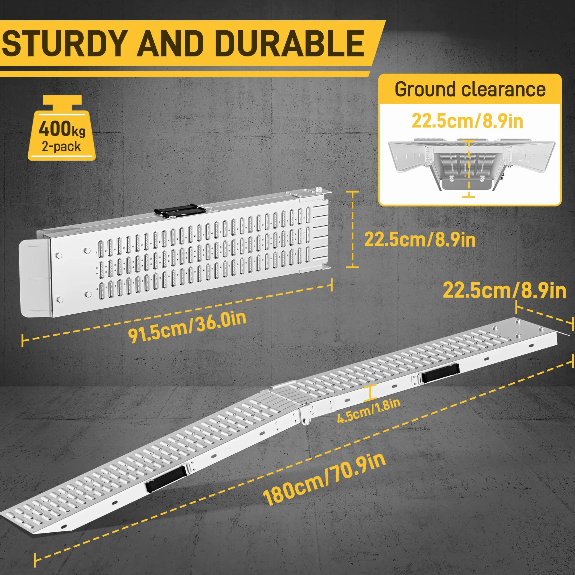 Froadp Faltbare Antirutsch Auffahrrampe Verzinkt Klappbar Laderampe Rampe 180x22,5x4,5cm Silber Auffahrschiene Verladerampen für Auto Motorrad ATV PKW Max. Belastbarkeit 400KG pro Paar