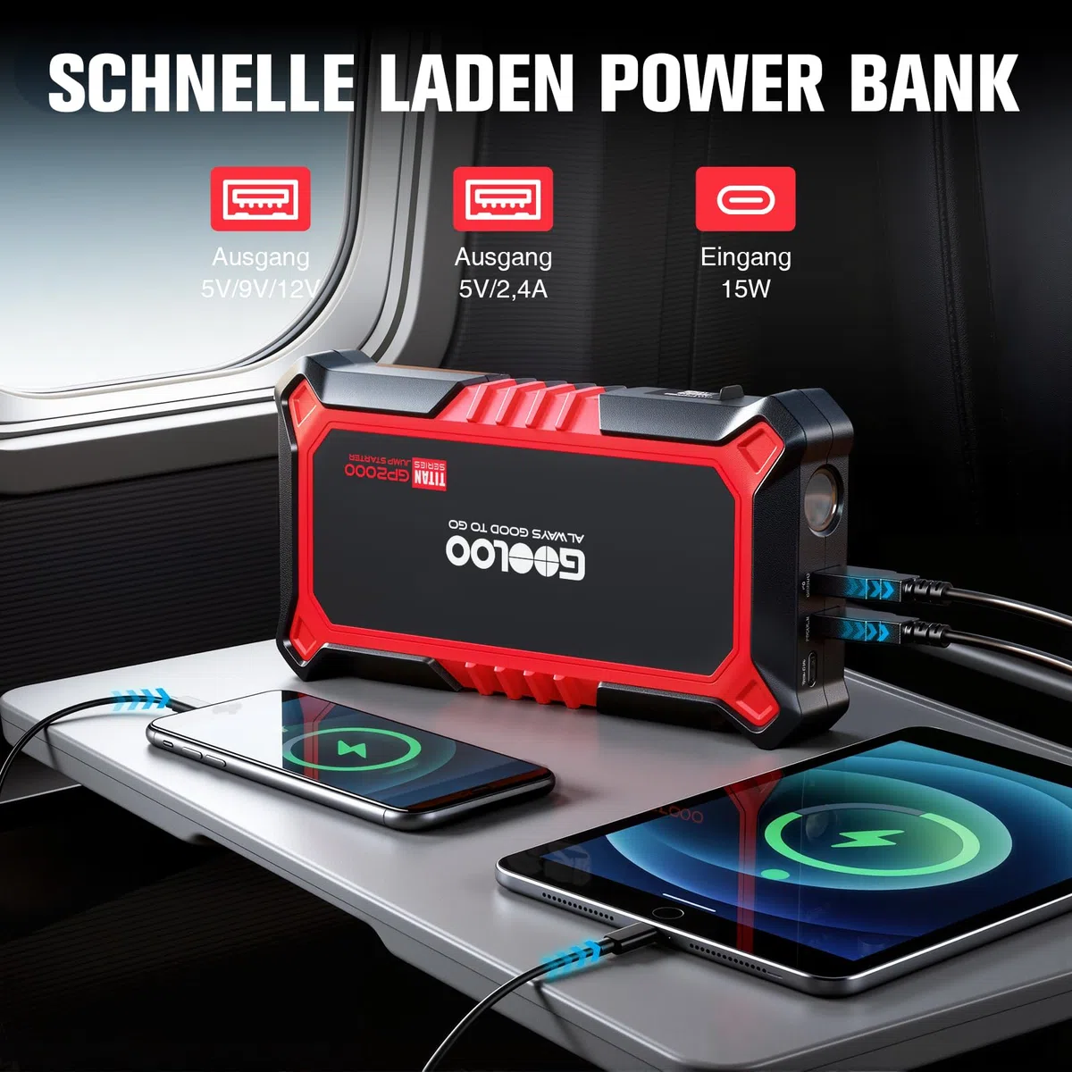 GOOLOO GP2000 Starthilfe Powerbank für Pkw, 2000A Supersafe Auto Starthilfe Powerbank für 12V (Bis zu 8.0L Benzin & 6.0L Diesel), Booster Autobatterie mit USB-Schnellladung, Starthilfekabel und LED