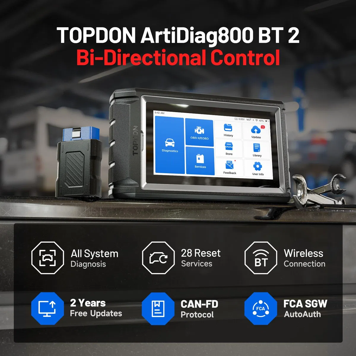 TOPDON AD800BT V2.0 OBD2 diagnosegerät für alle Fahrzeuge, Alle Systemdiagnosen &28 Servicefunktionen, Bidirektionales diagnosegerät Auto, FCA/CAN-FD-Unterstützung, 2 Jahre kostenlose Upgrades