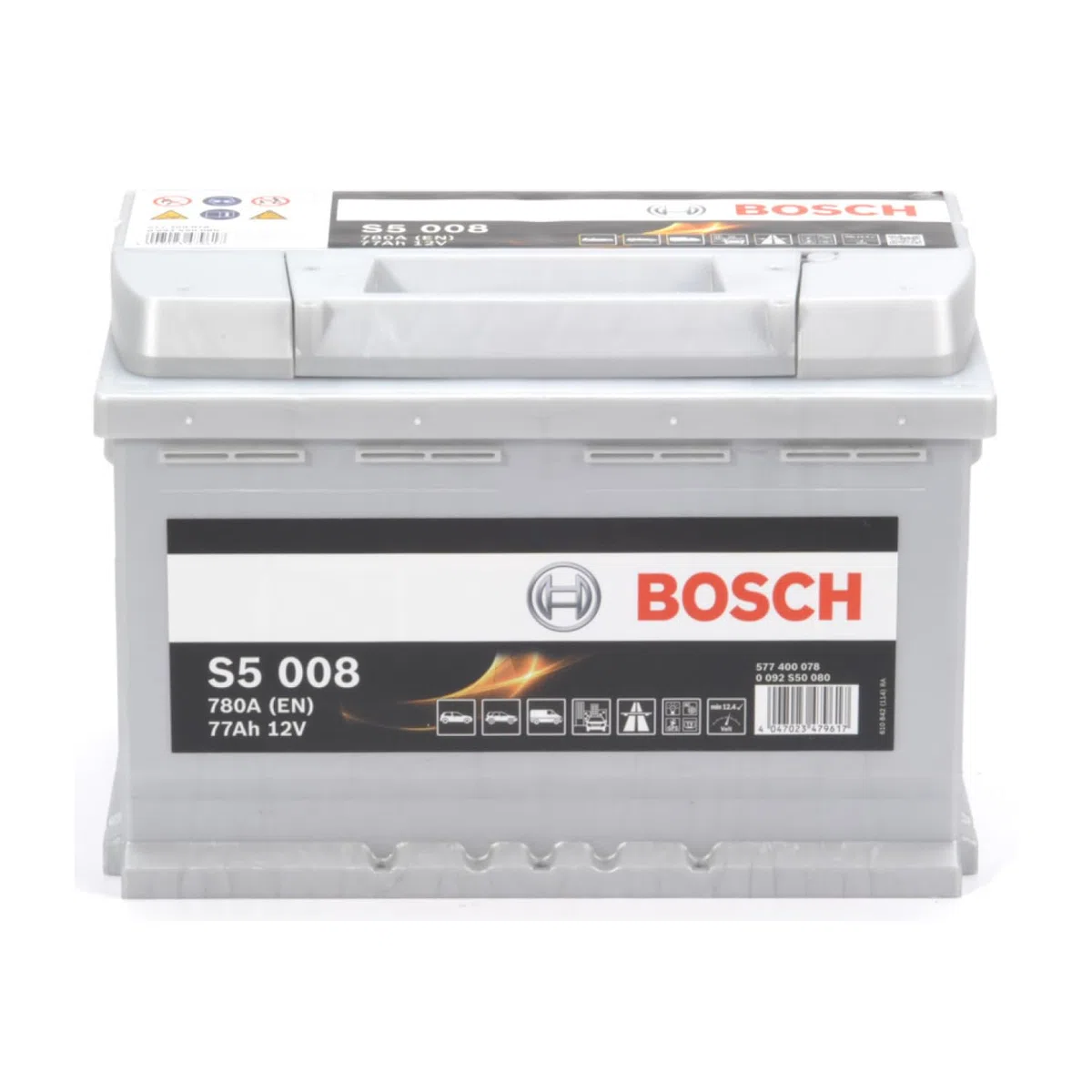 Bosch S5 008 Autobatterie 77 Ah - 780 A - 12 V, Blei-Säure-Batterie für Fahrzeuge ohne Start-Stopp-Automatik - Polarität: links - rechts +, 278 x 175 x 190 mm - für Kfz mit hohem Strombedarf | Fahrzeuge ohne Start-Stopp-Automatik - Polarität: links - rech
