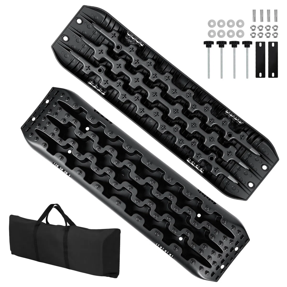 Fiqops 2x Anfahrhilfe mit Aufbewahrungstasche und Installationstool, Traktionsmatte Kunstoff Recovery Board Tracks,Reifenleiter für Sand/Schlamm/Schnee,10T Last für Geländewagen Wohnmobil PKW LKW