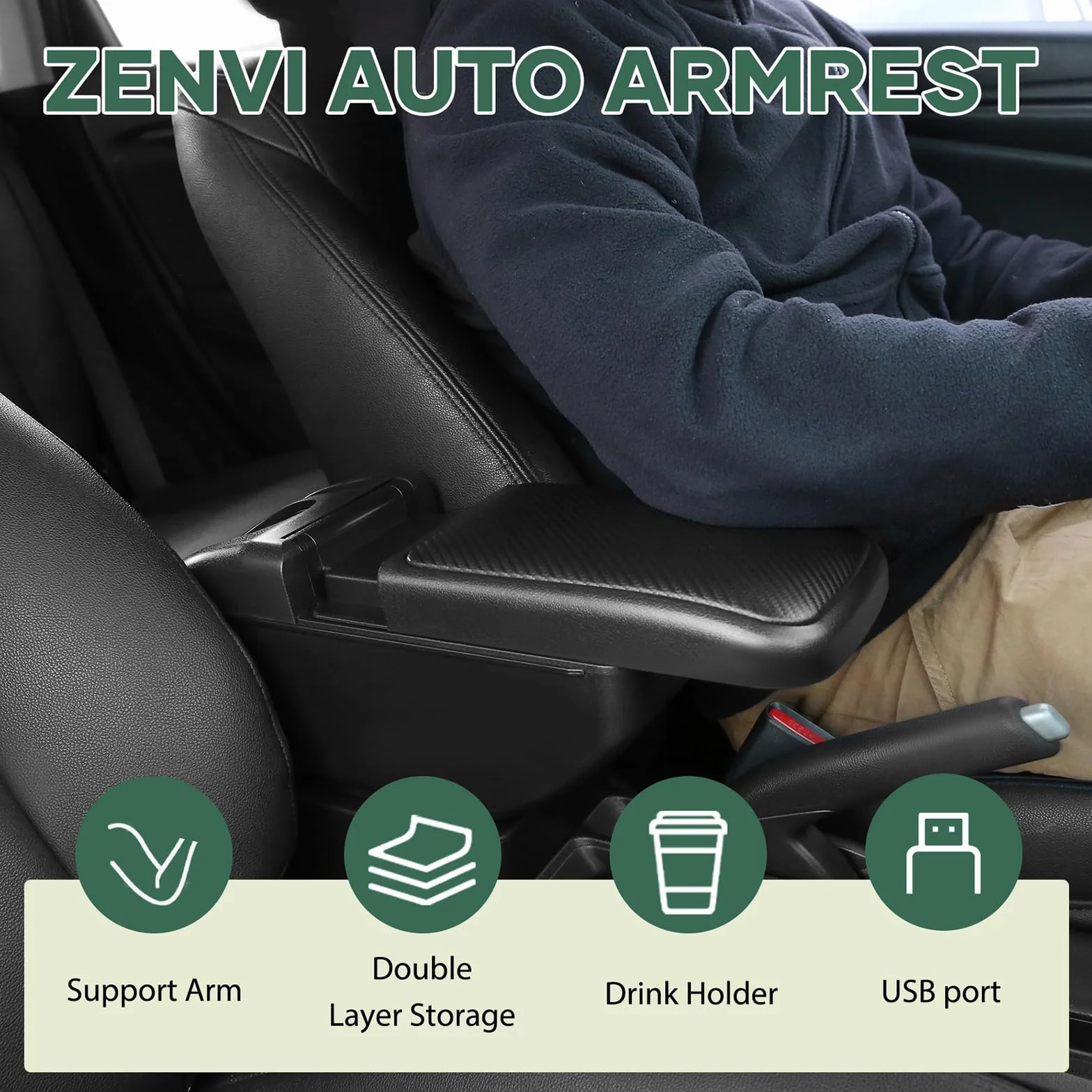 ZENVI MittelArmlehnen Compatible with Seat Ibiza Armlehnen 6F 2017-2026 Mittelkonsolen Veranstalter Armlehnen Doppelter Stauraum Verwendbar Ellbogenstütze（Kohlefaser-Stil）