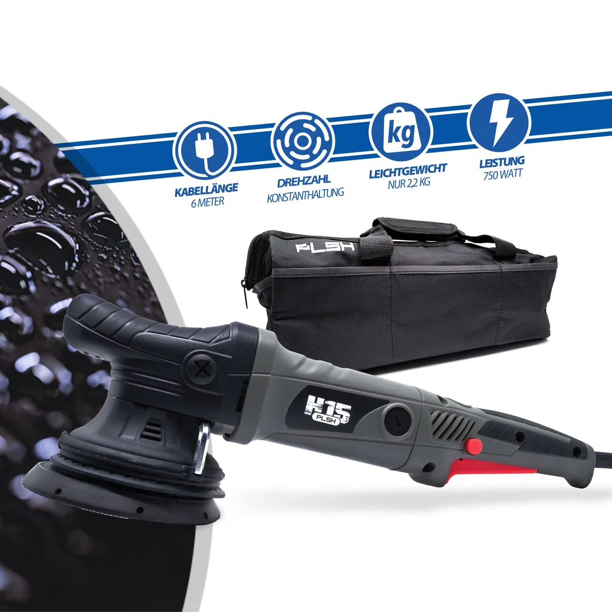 Auto Politur Bundle: PLSH H15 Poliermaschine + Menzerna Polituren 250ml + Garage Freaks Polierpads + ValetPRO Reinigungsknete + ValetPRO Clay Rider 500ml + SONAX Quick Detailer + detailmate Mikrofaser