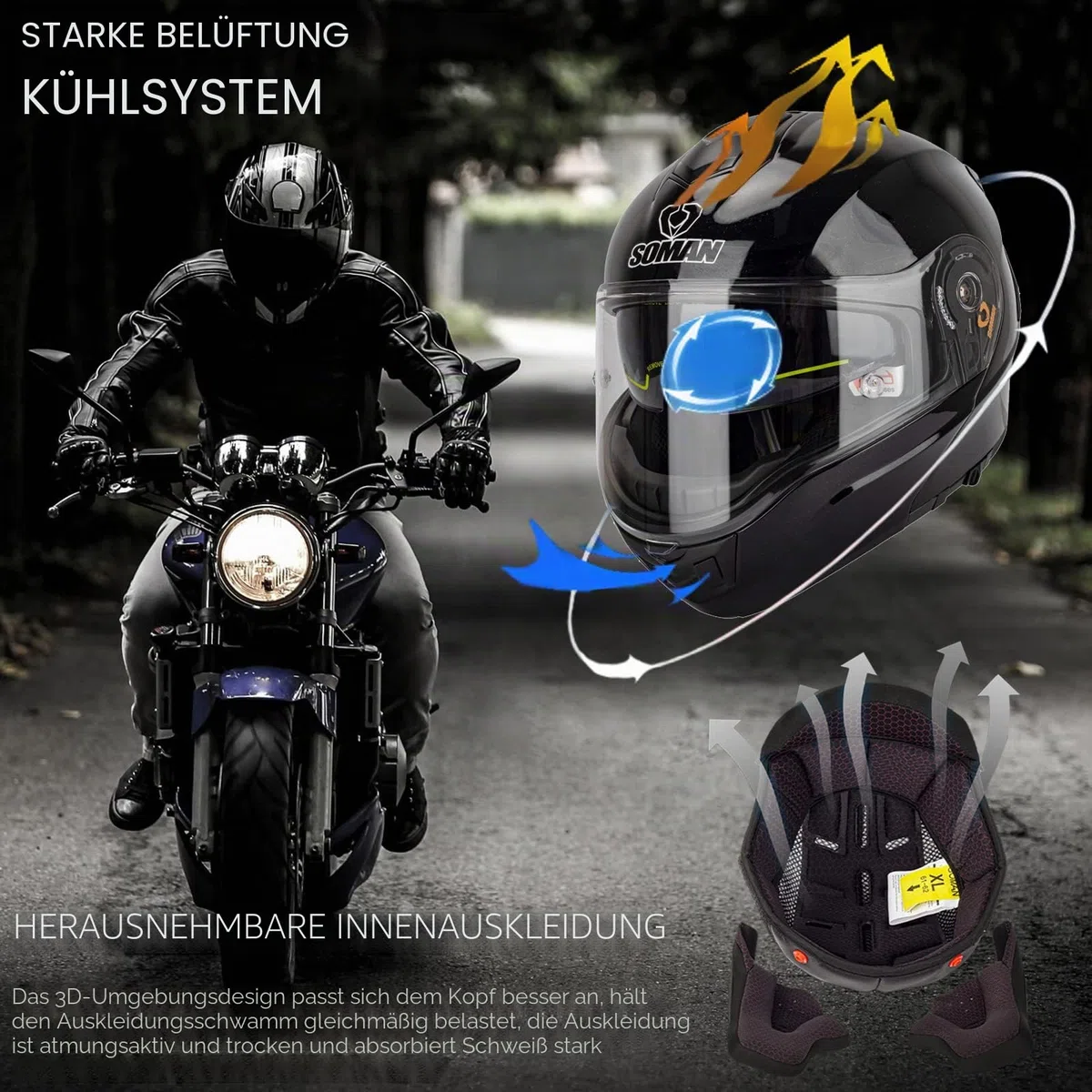 Klapphelm Motorradhelm Rollerhelm mit Doppeltem Sonnenvisier DOT/ECE Zertifiziert Klappbarer Modularer Motorrad Helme Integralhelm Multifunktion Sturzhelm für Damen Herren, Schwarz-4XL(67~68cm)