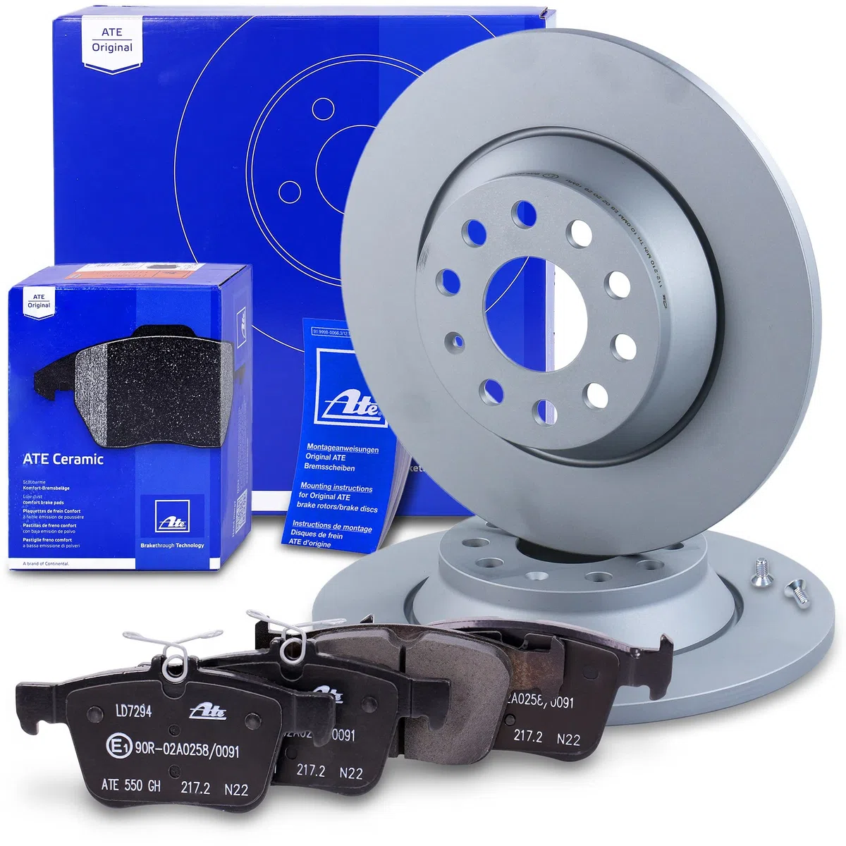 ATE Bremsenset Hinterachse inkl. Bremsscheiben hinten Ø 300 mm voll und Ceramic Bremsbeläge hinten Kompatibel mit AUDI A3, Q3, TT, SEAT, SKODA KODIAQ, SUPERB 3, VW GOLF 7, PASSAT B8, TIGUAN, TOURAN