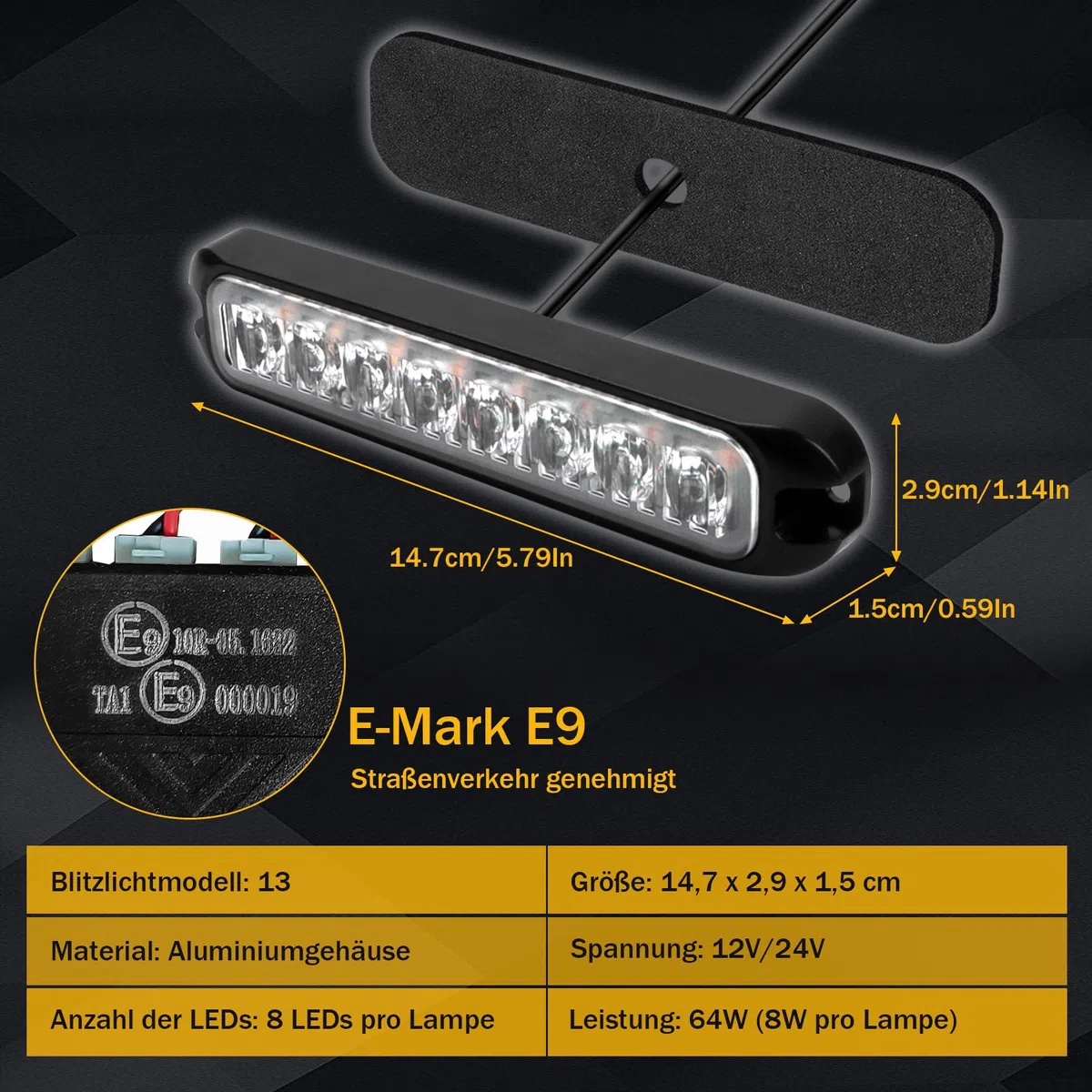 8X8LED Warnlicht Frontblitzer - 12V/24V Blinklicht Stroboskoplicht Warnleuchte,IP65 Notfall Warnung Blinklichter Strobe Orange 13Modi Blitzmodul für Truck Traktor Emergency KFZ LKW