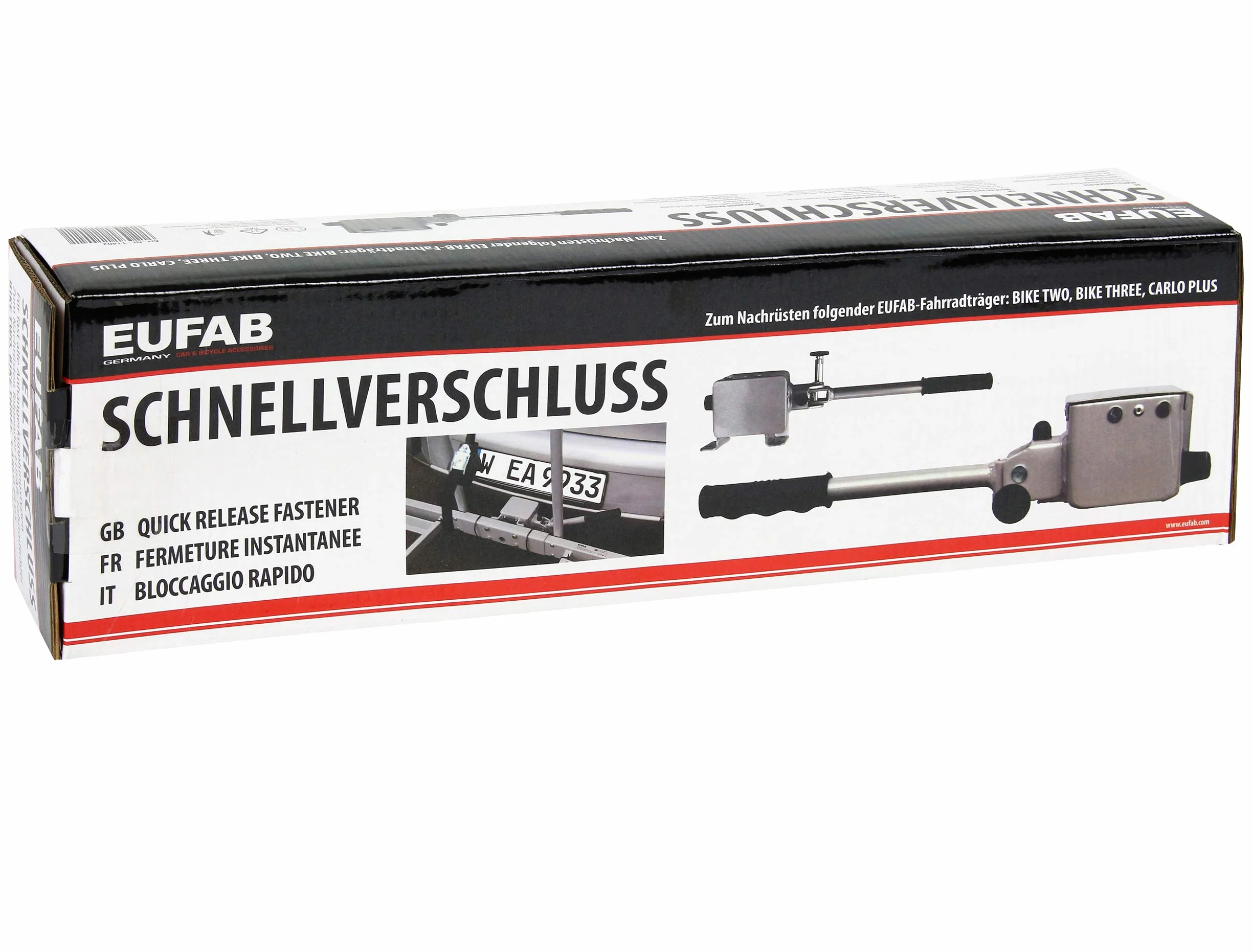 EUFAB 11402 Schnellverschluss für Fahrradträger, abschließbar, zum Nachrüsten, kompatiblemit carlo, Schwarz, Silber