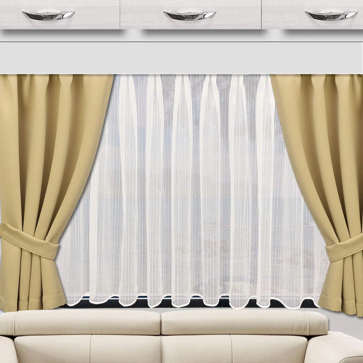 Wohnmobil-Gardine Mattis beige, Höhe 40-80 cm x Breite 70-140 cm | Maßgefertigt, Verdunklungs-Vorhang, Reihband, Blickdicht, Für Caravan & Wohnwagen