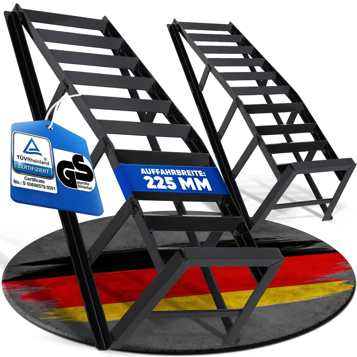 NTG Profi Auffahrrampe PKW Set 2 Tonnen (2000kg) – Auffahrrampen Extra Breit 225mm – 20° Auffahrwinkel – Korrosionsbeständig Pulverbeschichtet Schwarz – Auffahrhilfe für PKW & SUV