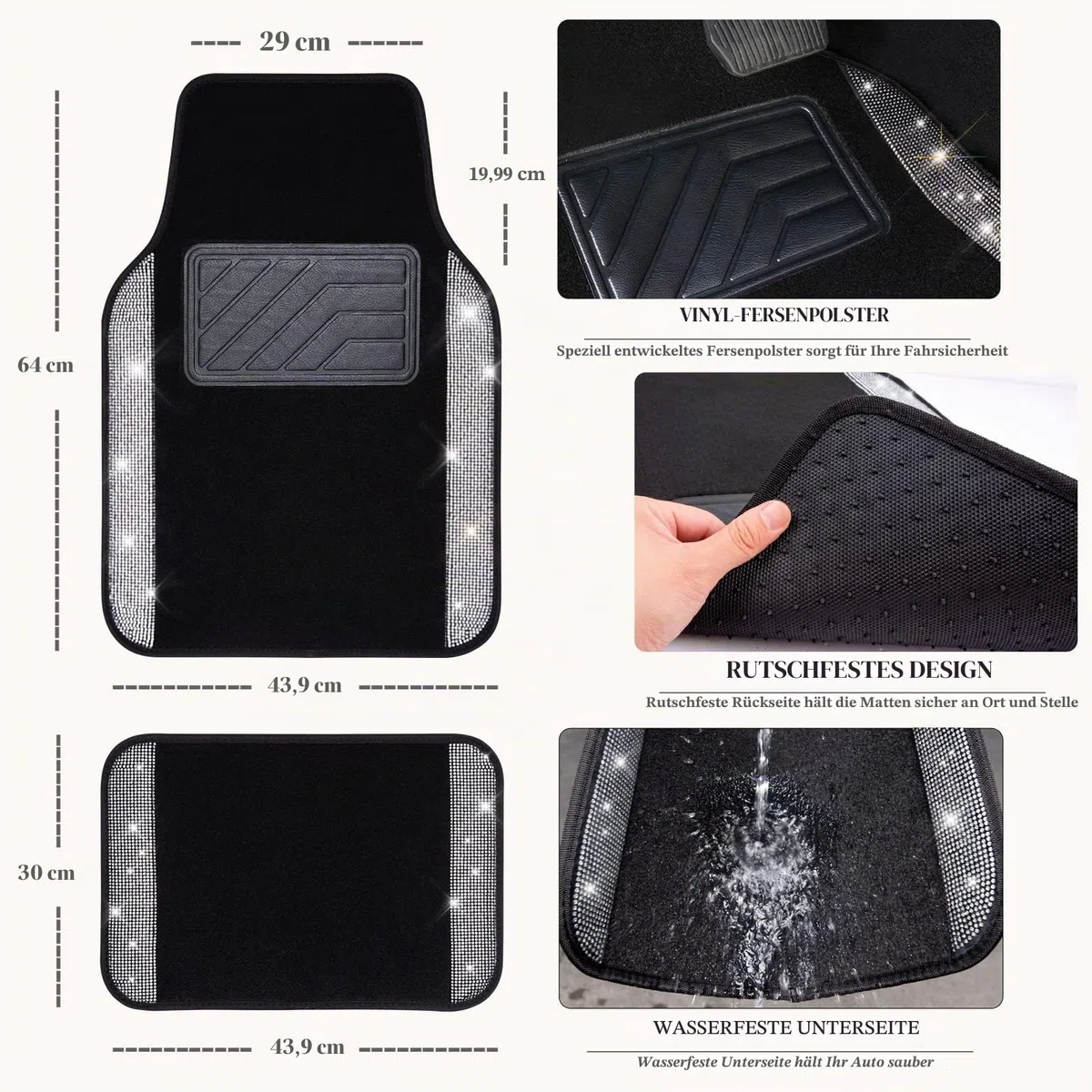 CAR PASS Bling Diamant Auto Fußmatten, Glänzend Glitzernder Kristall, Universal Fussmatten Auto mit Rutschfestem PVC Fersenpolster für SUV Limousine Van, 4 Stück für Mädchen Damen Herren(Silber)