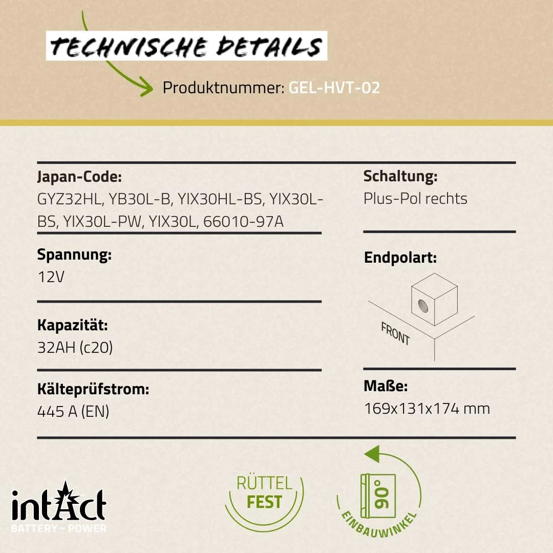intAct - Gel HVT-02 MOTORRADBATTERIE - Motorrad Batterie Perfekt für Harley Davidson & andere hubraumstarke 2-Zylinder. Bike-Power GEL-HVT-02, GYZ32HL, 12V Batterie, 32 AH, 445 A. 169x131x174mm