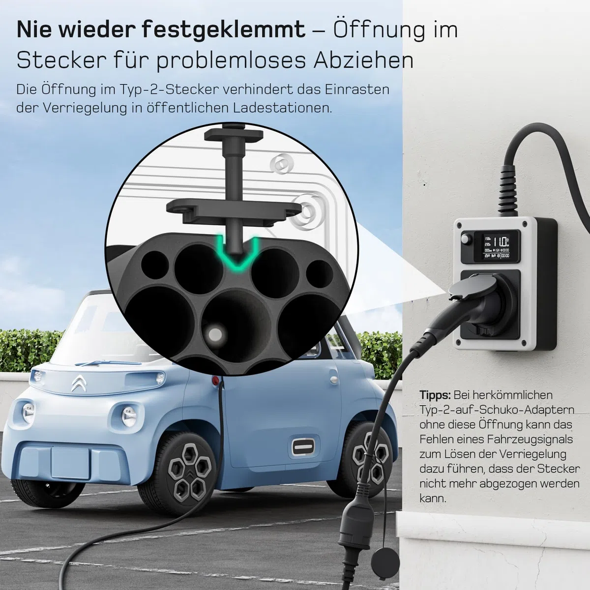 dé Adapter Typ 2 auf Schuko - Elektroauto Ladestecker, 16A 0.6m. Einfaches Laden an Ladestationen/Wallboxen trotz Verwendung von 230V Ladegeräten für E-Bike, E-Scooter, Motorrad. IP55 Nicht für V2L