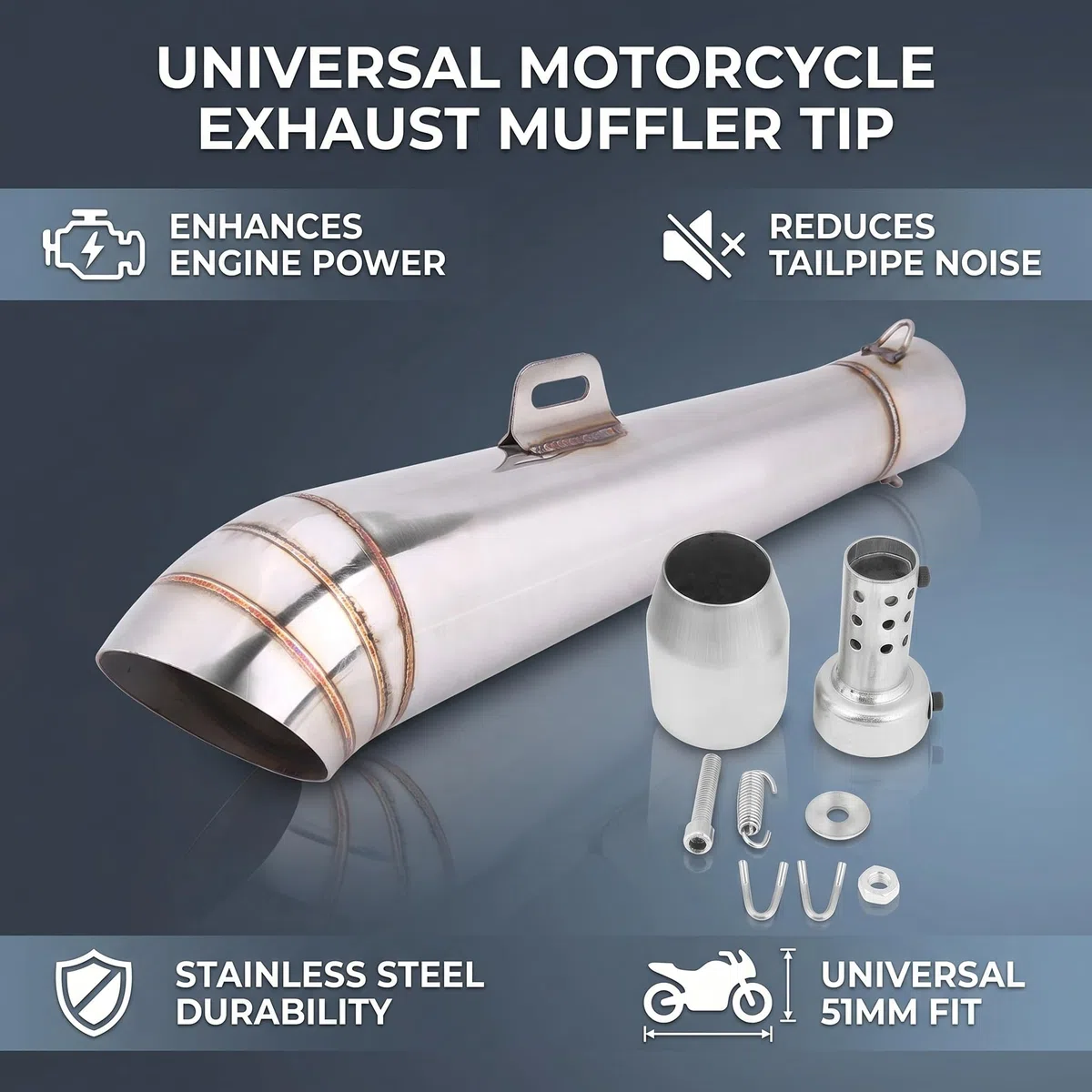 Universal-Auspuffendrohr aus Edelstahl für Motorräder Motorendrohrspitze mit Schalldämpfer Für die Meisten Motorräder/Dirtbikes/Roller mit Modellen mit 51 Mm Durchmesser.