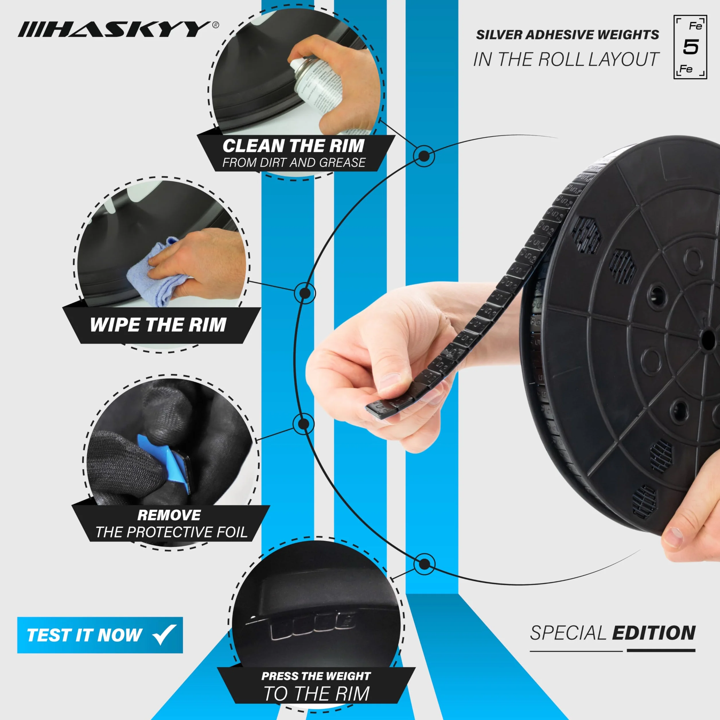 HASKYY Klebegewichte Auswuchtgewichte Stahlgewichte 12kg Rolle 2400x5g Schwarz Kleberiegel mit Abrisskante Wuchtgewichte für Stahlfelgen & Alufelgen - Kunststoffbeschichtet FE-Klebegewichte