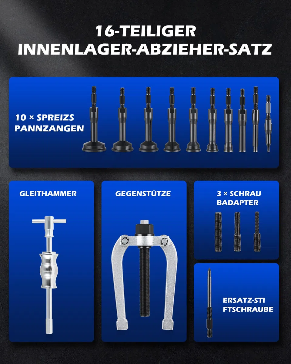Orion Motor Tech Innenlager Abzieher Set 16-teilig, Lagerabzieher Innen mit Gleithammer und Abziehvorrichtung, Innenabzieher Kit für Kugellager und Buchsen (6 mm bis 59 mm)