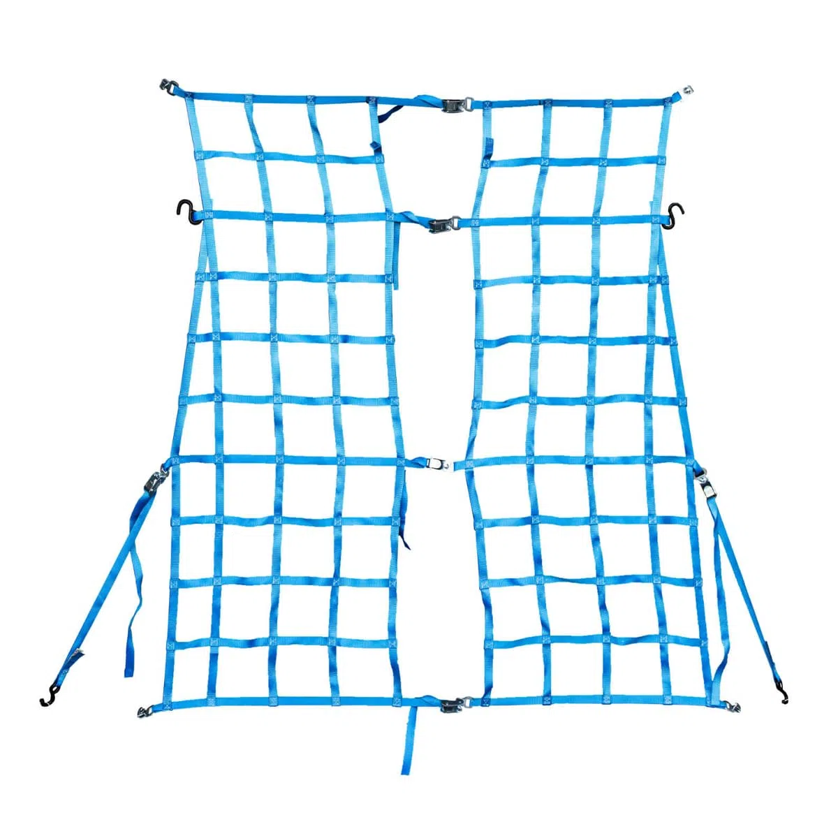 Rückhaltenetz Kleintransporter 25 mm blau für Laderaumtrennung | Polyester-Rückhaltenetz mit S-Haken für rückwärtige Ladungssicherung | Maße: 1775 x 1650-1950 mm; LC: 800 daN