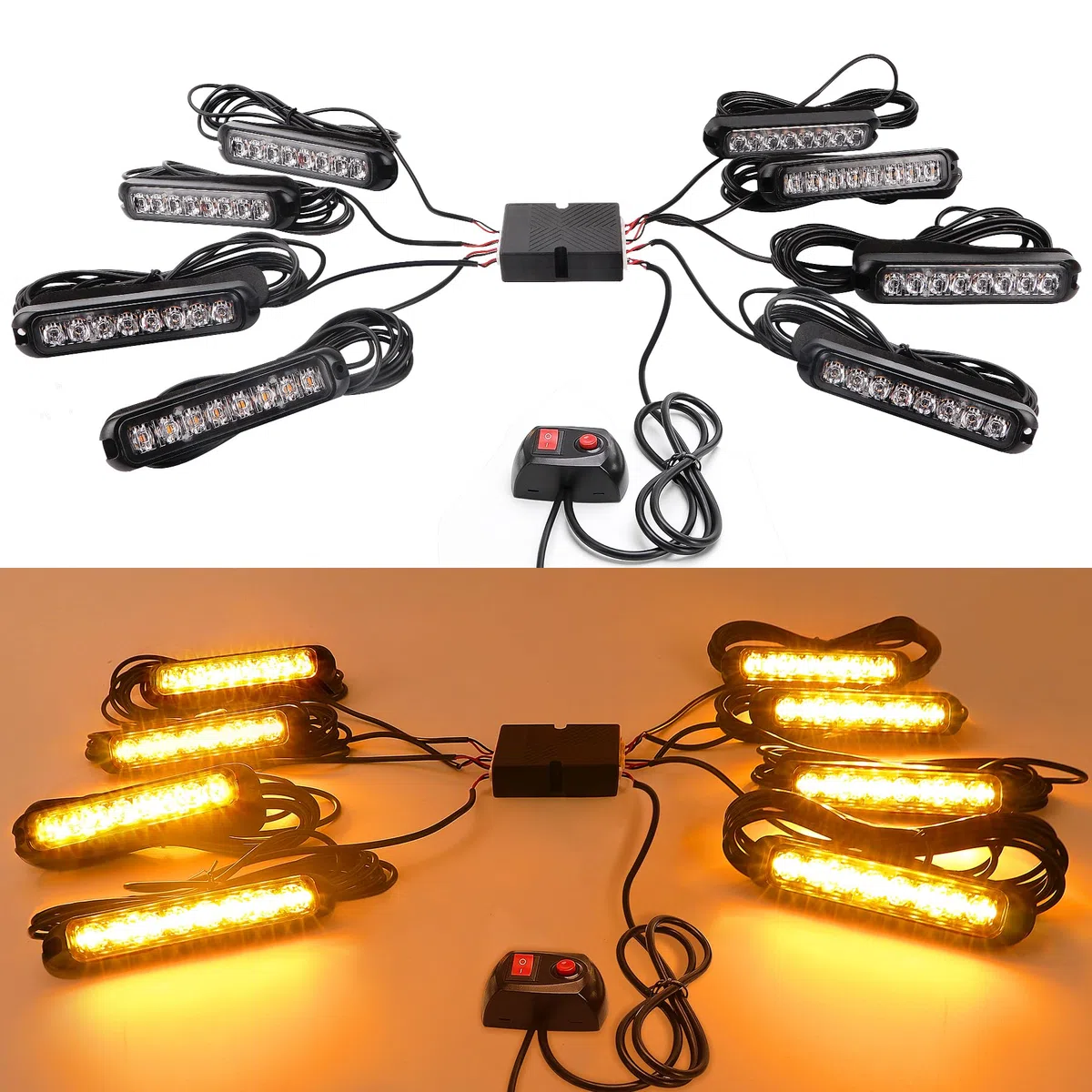 8X8LED Warnlicht Frontblitzer - 12V/24V Blinklicht Stroboskoplicht Warnleuchte,IP65 Notfall Warnung Blinklichter Strobe Orange 13Modi Blitzmodul für Truck Traktor Emergency KFZ LKW