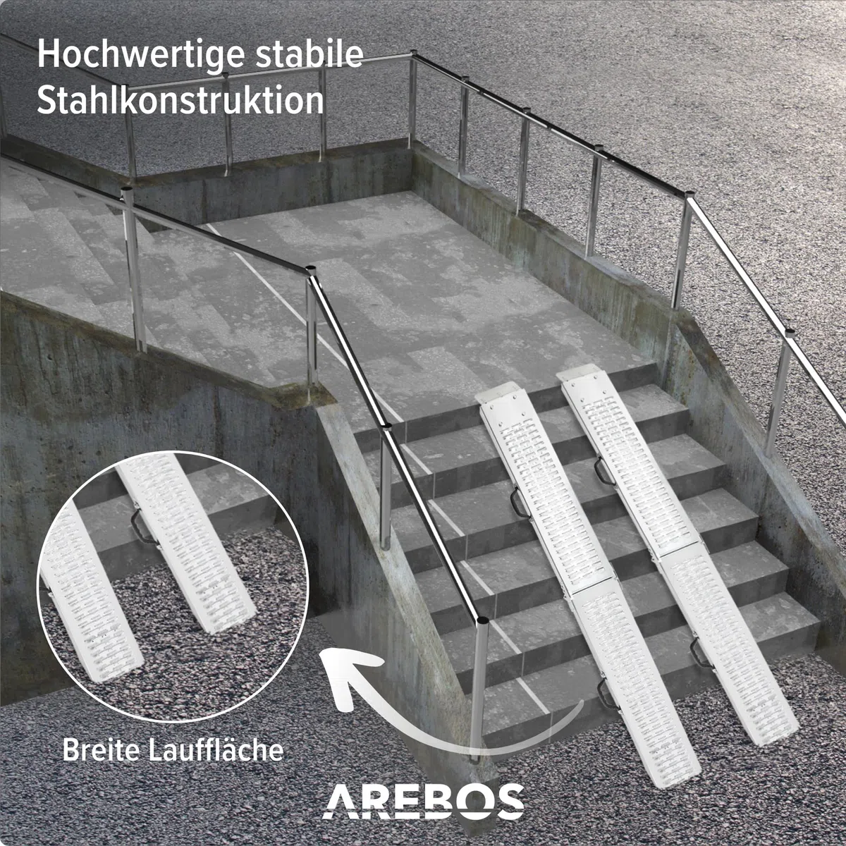 Arebos 2X Faltbare Auffahrrampen | Stahl Rampe bis 400 kg belastbar,rutschfest,perforiert | Laderampe für Auto oder Anhänger Auffahrrampe für Motorrad, Rasentraktor, Rollstuhl, Fahrrad | 180 cm