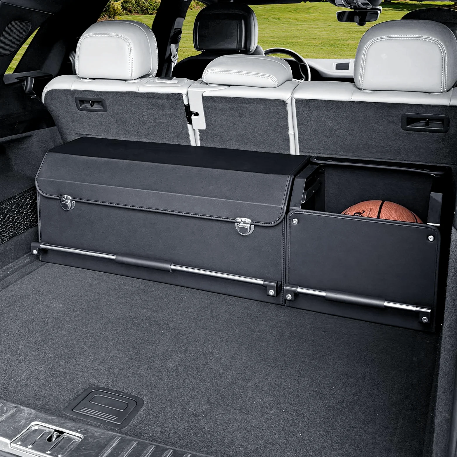 Auto Kofferraum Organizer mit Deckel – 2-in-1 Modulares XXL-Kofferraumtasche, Multifunktionaler Aufbewahrungsbox aus Leder, ABS-verstärkter Rahmen & Push-Pull-Griff (104x29x31cm, Schwarz)