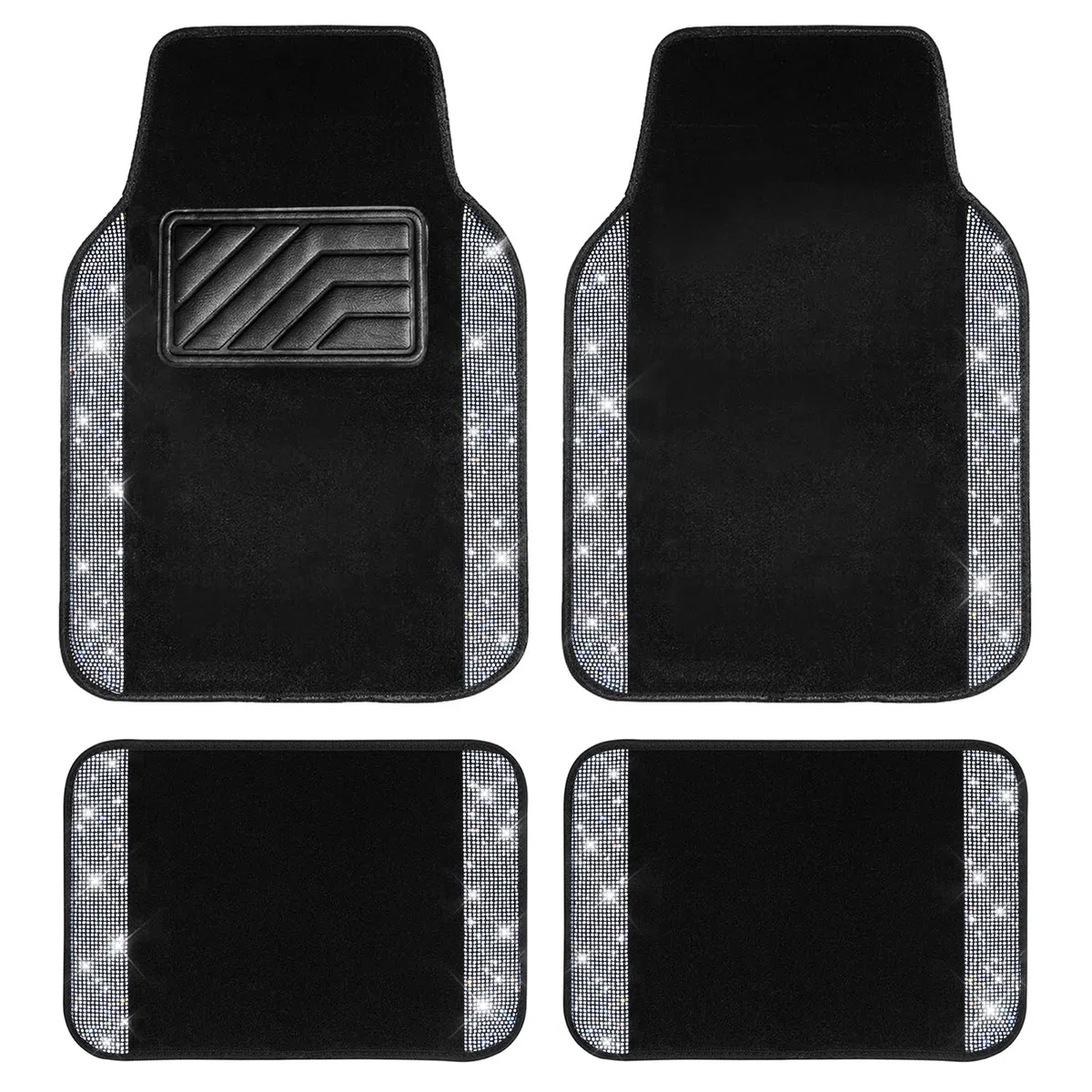 CAR PASS Bling Diamant Auto Fußmatten, Glänzend Glitzernder Kristall, Universal Fussmatten Auto mit Rutschfestem PVC Fersenpolster für SUV Limousine Van, 4 Stück für Mädchen Damen Herren(Silber)