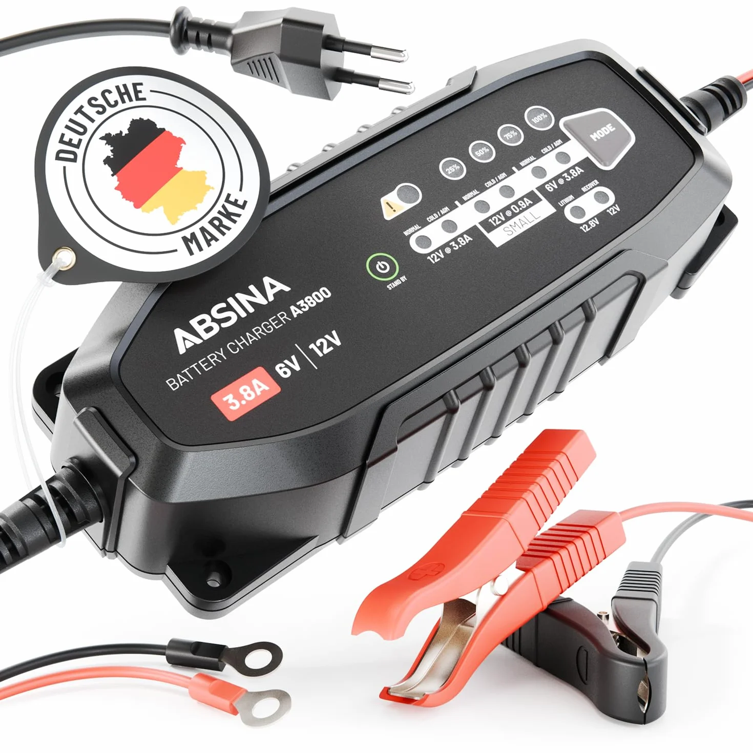 ABSINA 3,8 A Batterieladegerät KFZ für 6V & 12V Blei Batterie bis 120Ah & 12,8V Lithium - Ladegerät Autobatterie - AGM Ladegerät für Auto Motorrad Wohnwagen - Erhaltungsladegerät