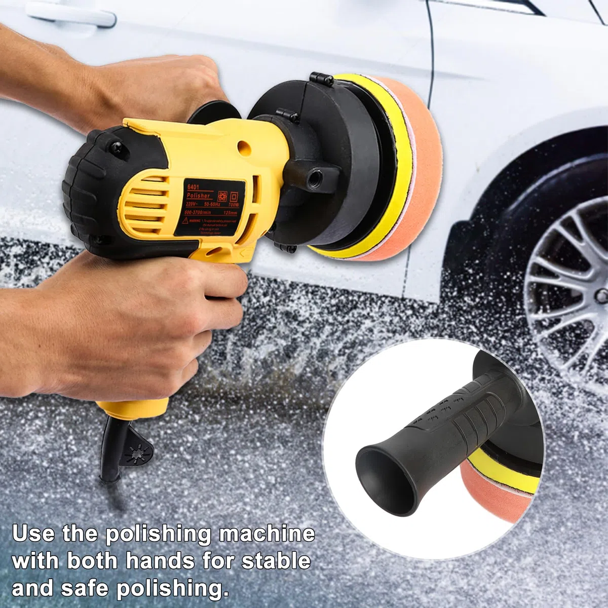 Mini Poliermaschine, 700W Auto Poliermaschine 125mm Exzenter Poliermaschine Polierer mit Geschwindigkeit 600-3600RPM, Seitengriff, 125mm Polierschwamm Zubehörset für Auto, Möbeln, Metall