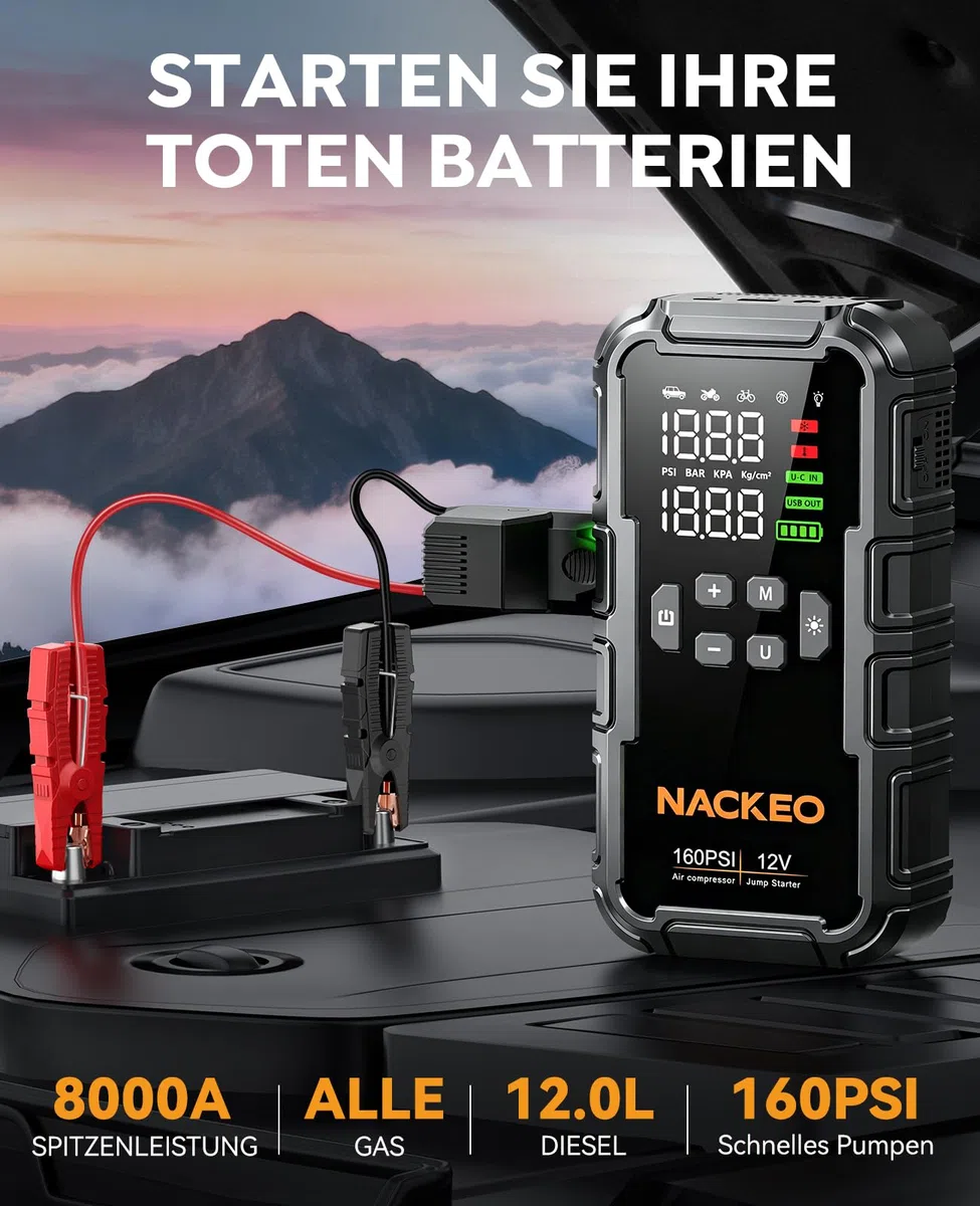8000A Starthilfe Powerbank für Pkw mit Kompressor (160PSI), 12V Auto Starthilfe Powerbank für Benzin & bis 12L Diesel, tragbarer Jump Starter mit 600LM LED-Licht, Starthilfekabeln & großem LCD-Display