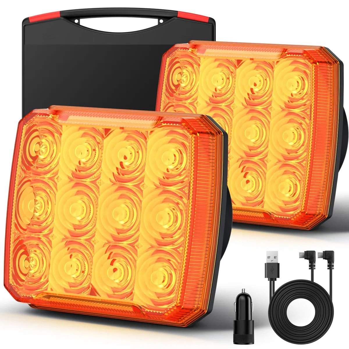 AUTOUTLET 2 Stück Warnleuchten Wiederaufladbar, Kabellose LED Magnetische Warnlicht mit 2000mAh Akku & 18 Blinkmodi, IP65 Wasserdicht Blinklichter E9 & E57 Mark, Warnung Beacon Notfall Lichter
