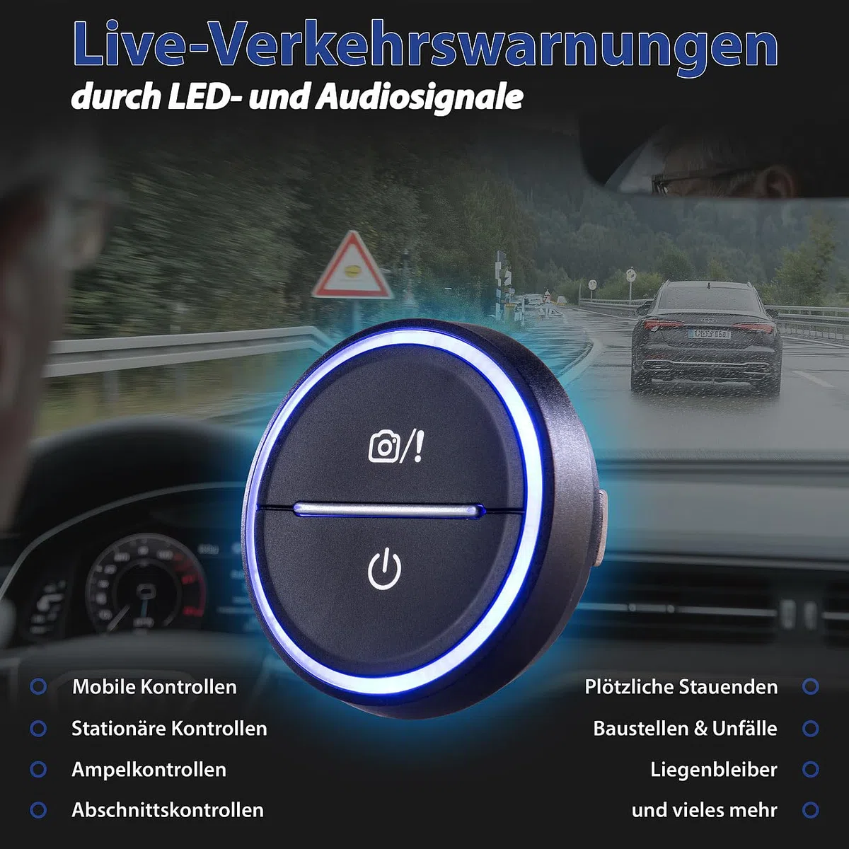 Lescars Blitzerwarner: Akku-Gefahrenstellen-Warner mit Bluetooth und App, Multicolor-LED-Ring (Gefahrstellenwarner, Auto Warnsystem Bluetooth, Laser)