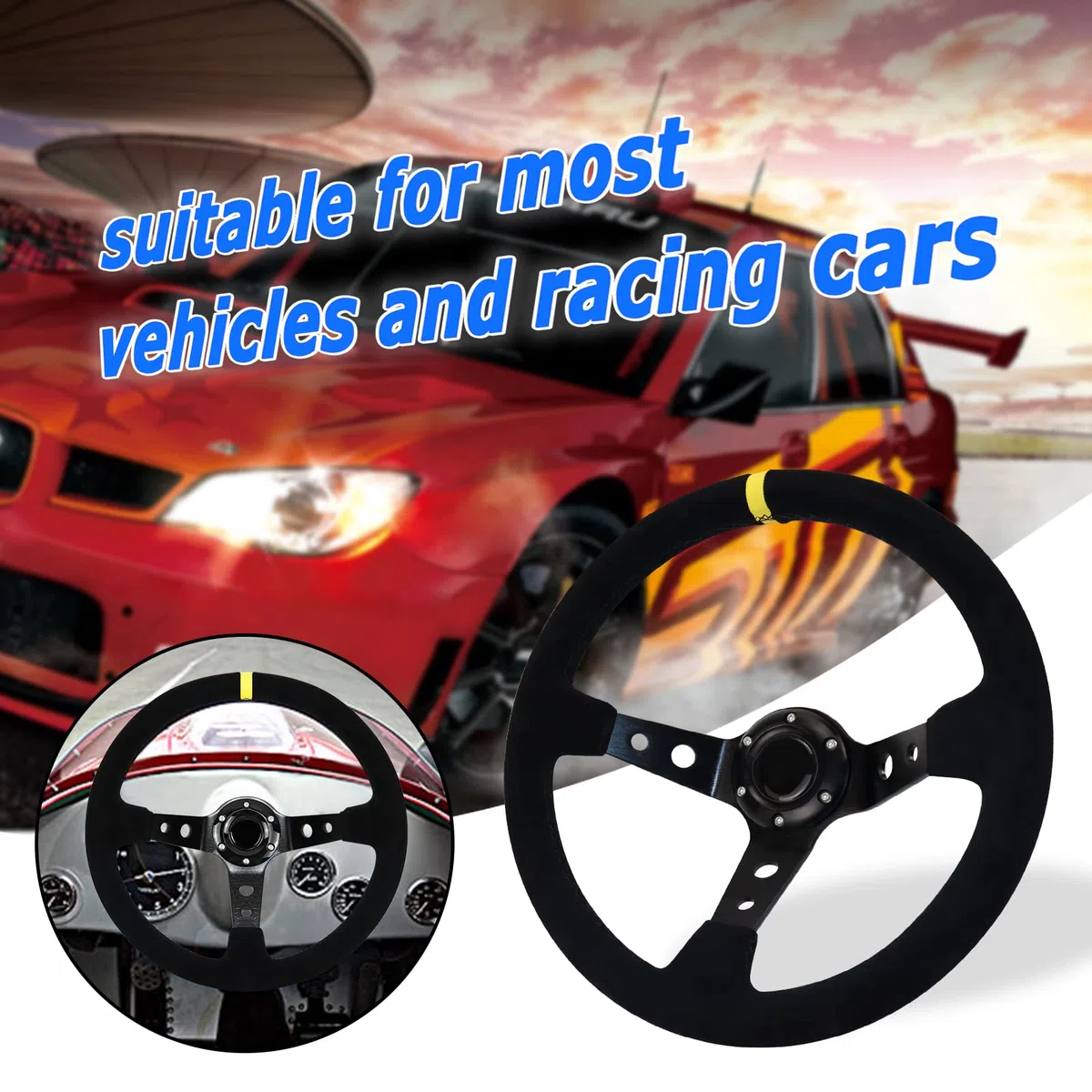 Universal Racing Lenkrad, Gaming Lenkrad 13.6" 6 Schrauben Griff Wildleder Deep Dish mit Horn Taste für Rennen/Rallye/Motorsport/Auto Sim Fahren(Schwarz)