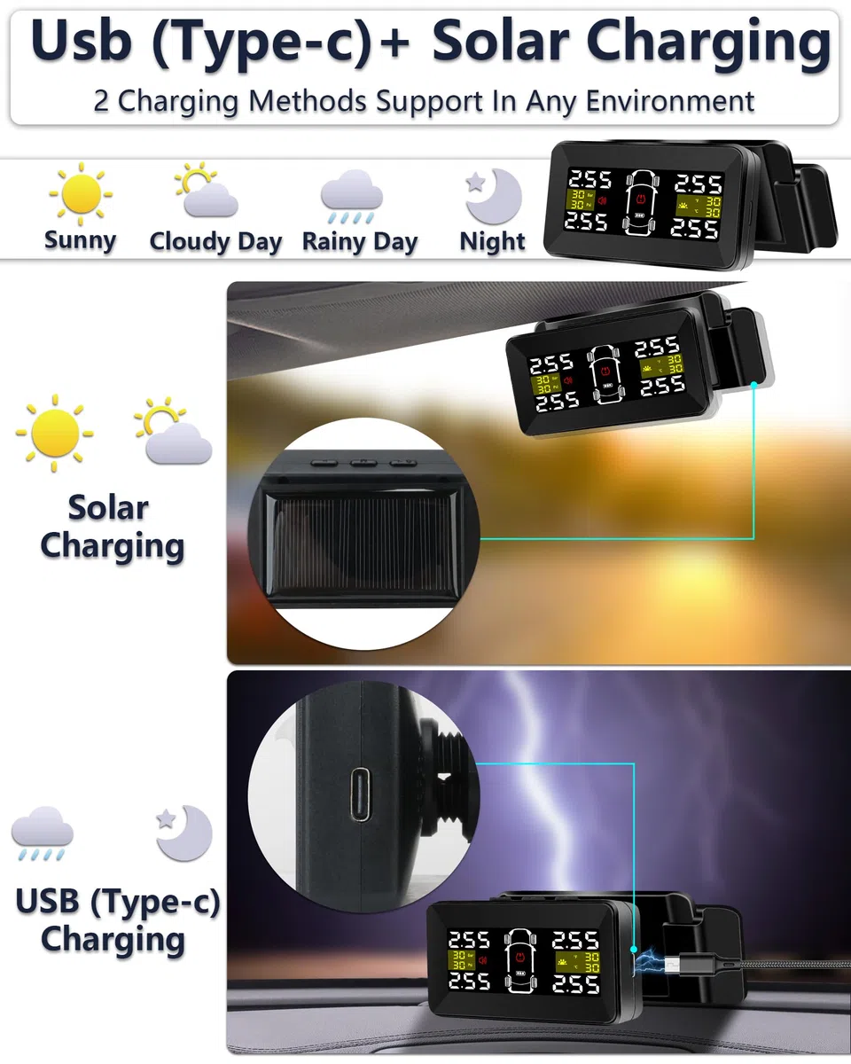TPMS Reifendruckkontrollsystem 3,5 Zoll Kabellos Reifendrucküberwachungssystem 0,01Bar Hochpräzise Abnehmbare Solar/Typ-C Ladung TPMS Auto mit 4 Wasserdicht IP67-Reifendrucksensoren 14-87PSI