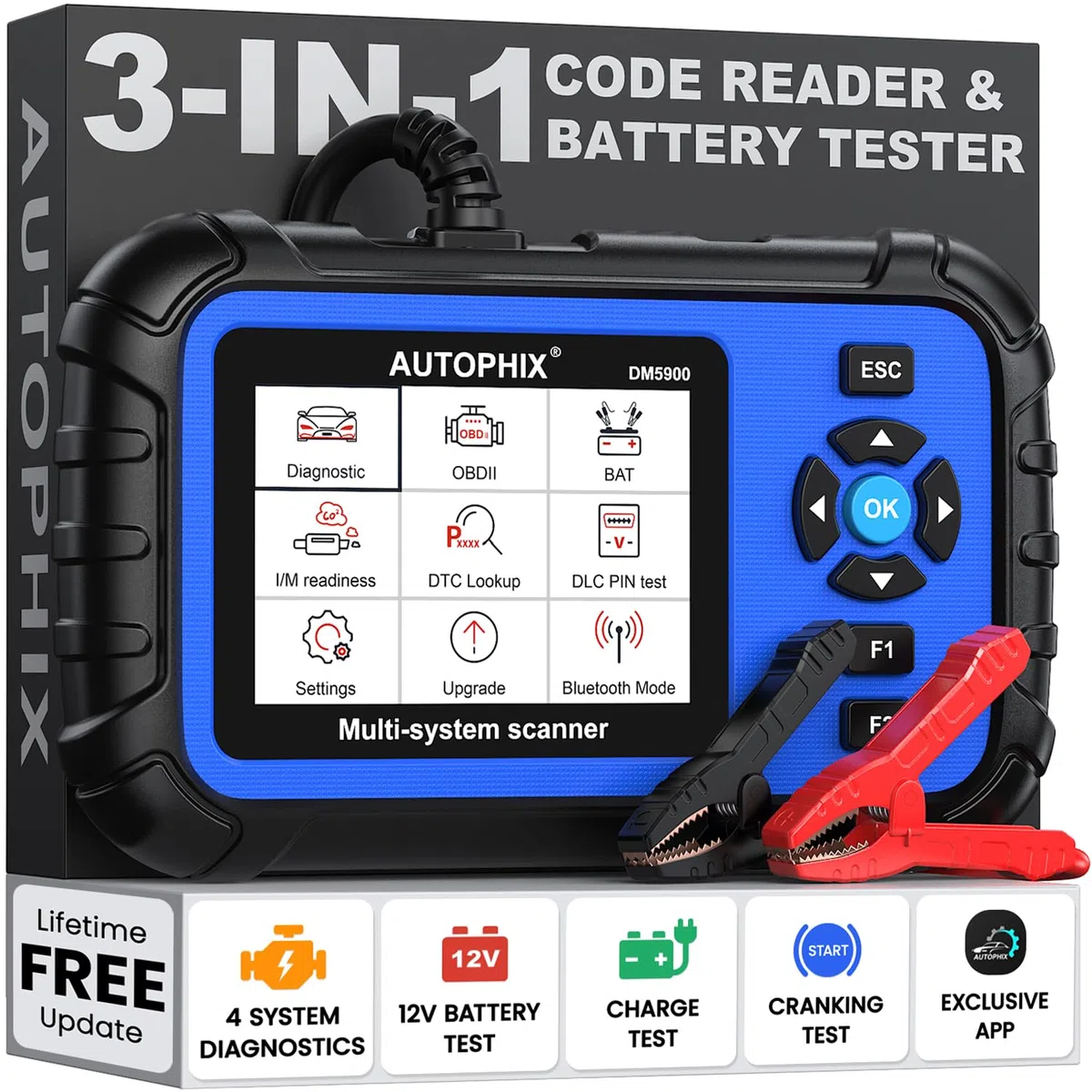 AUTOPHIX 4 Systeme Auto Diagnosegerät für ABS, SRS, Getriebe & Motor, 3 in 1 Bluetooth OBD2 Scanner, 12V Autobatterietester, KFZ Diagnosegerät mit Voller OBD2 Funktion