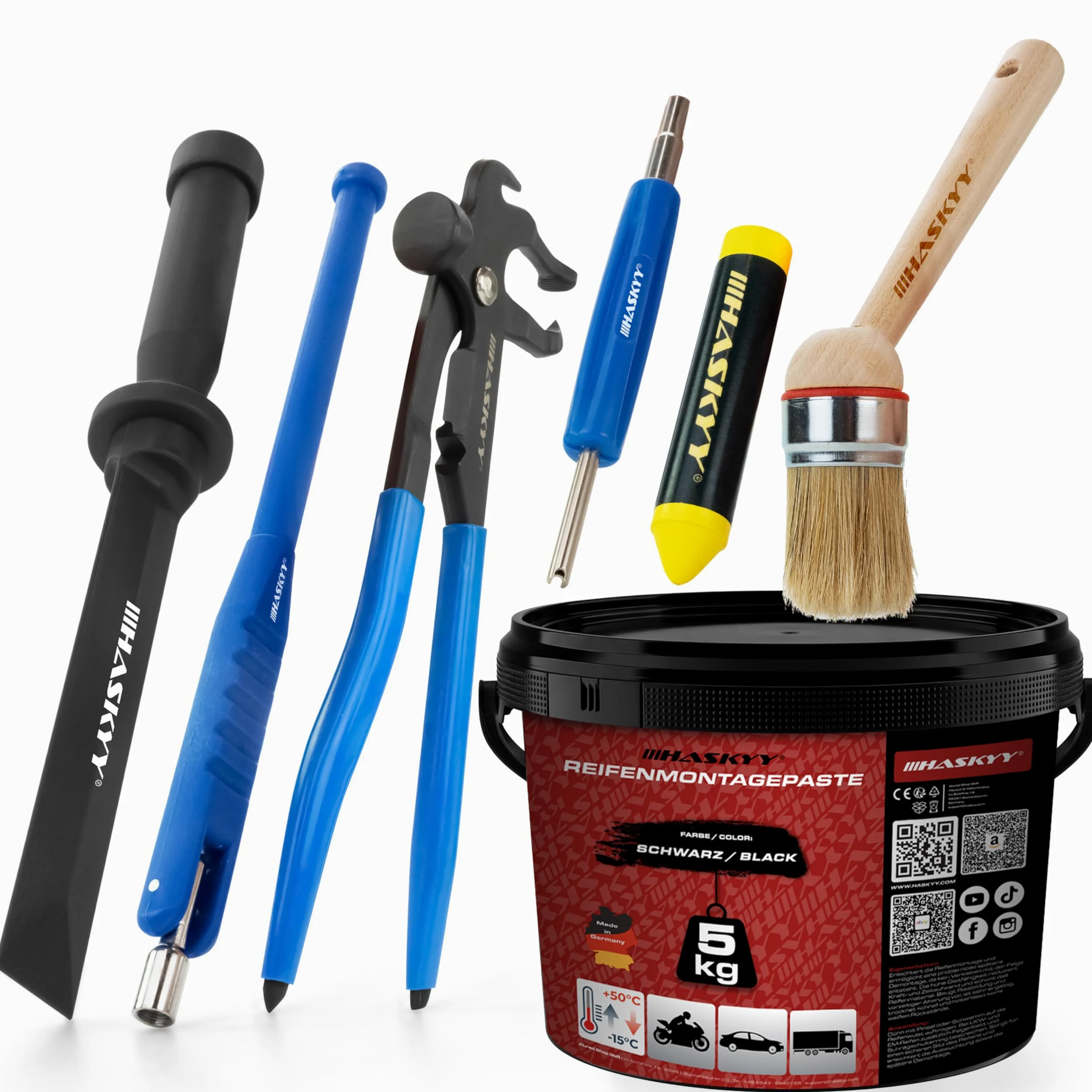 HASKYY 5kg Reifenmontagepaste Montagepaste Schwarz Reifenmontage Set inkl. Ventildreher, Ventileinzieher, Profi Auswuchtzange für Klebe- und Schlaggewichte & Fettkreide