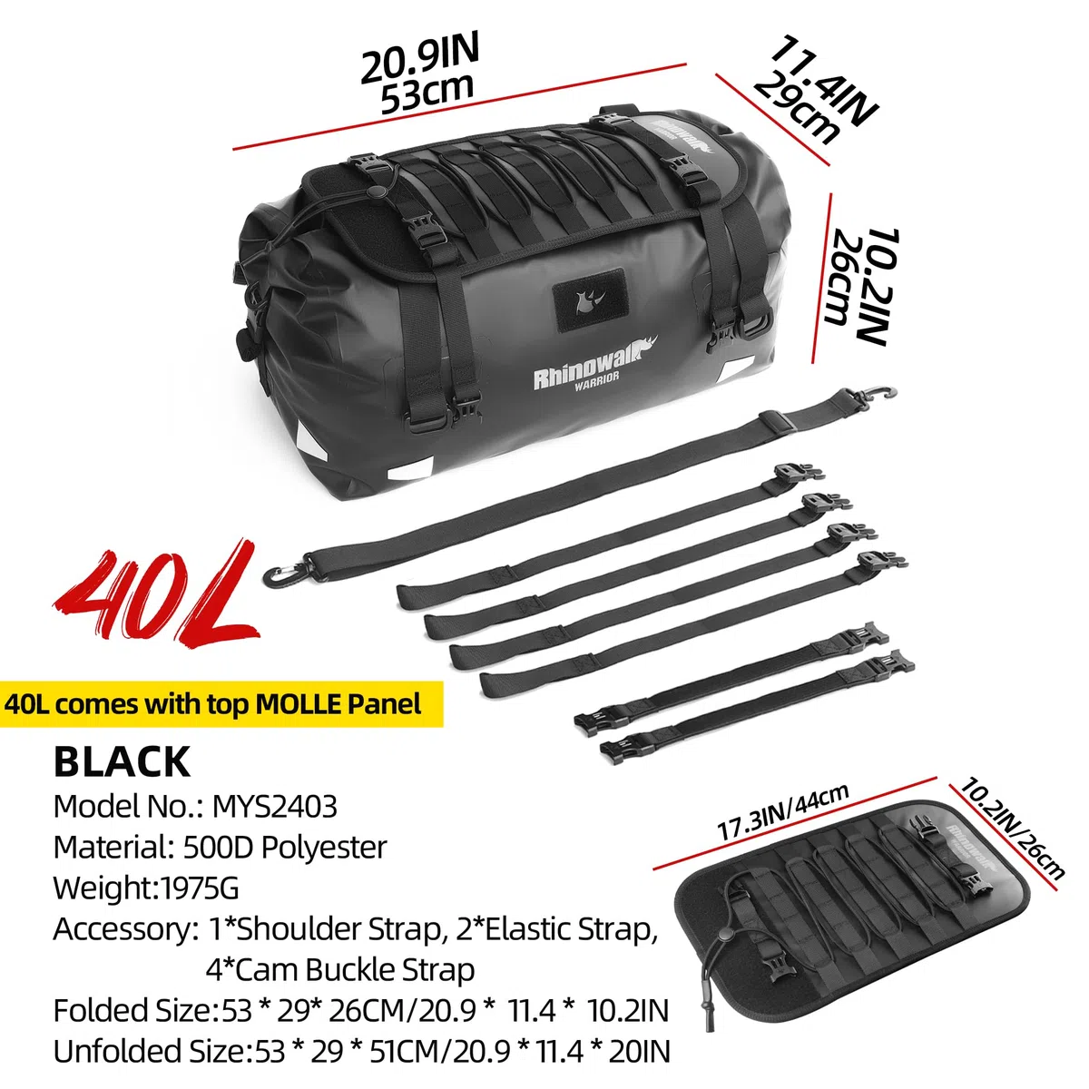 Rhinowalk Motorradtasche Gepäckrolle Wasserdicht 20/40/65L Hecktasche Sitztasche MOLLE-System Duffel Bag Satteltasche Reisetasche mit Schultergurt für Outdoor Touring, Camping, Motorradfahren