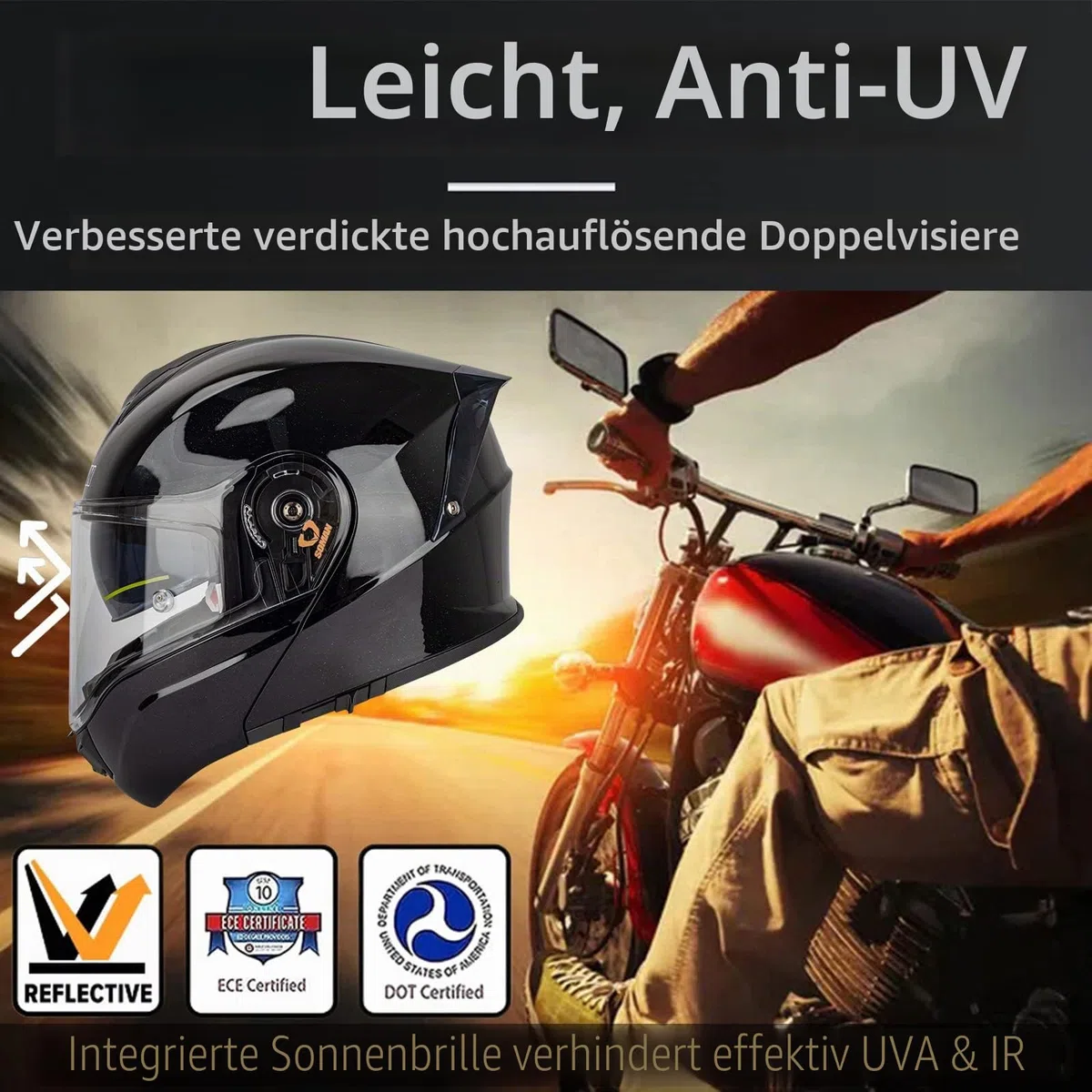 Klapphelm Motorradhelm Rollerhelm mit Doppeltem Sonnenvisier DOT/ECE Zertifiziert Klappbarer Modularer Motorrad Helme Integralhelm Multifunktion Sturzhelm für Damen Herren, Schwarz-4XL(67~68cm)
