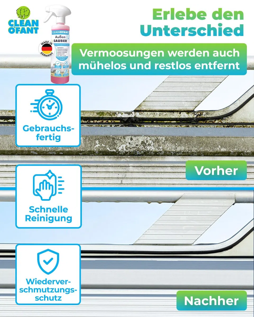 CLEANOFANT Außen-SAUBER | 500 ml + 2,3 Liter | Profi Wohnwagen- & Wohnmobilreiniger - Entfernt mühelos Schwarze Regenstreifen, Insekten & Baumharz - Biologisch abbaubar & Materialschonend