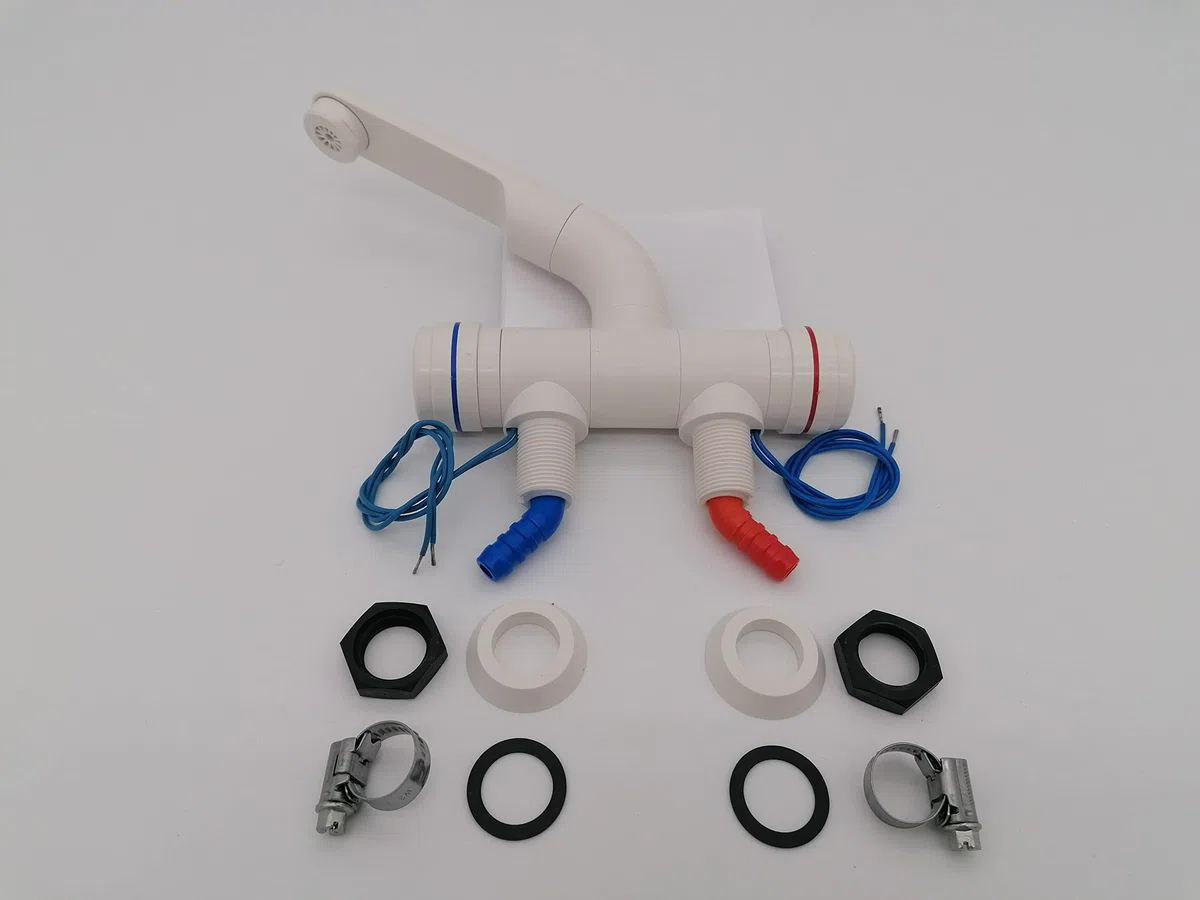 CR-MOESANCO® Kompaktes Mischbatterie-Set aus Edelstahl mit Klemme für Wohnwagen oder Wohnmobil, Weiß, mit Schalter 12 V/24 V