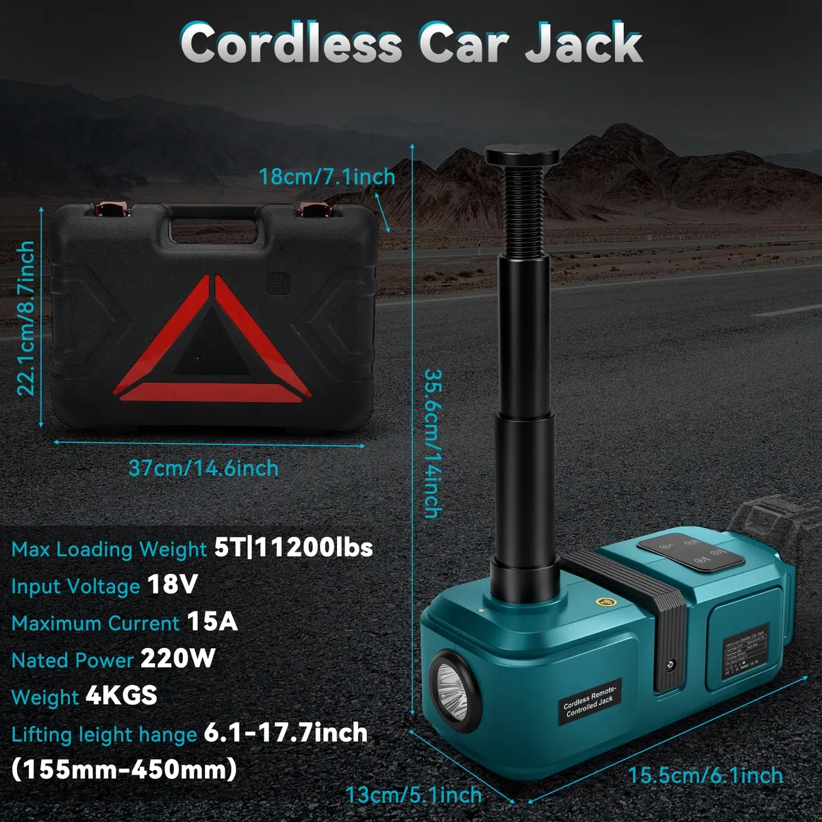 Elektrischer Wagenheber 5T Kompatibel mit Makita 18V | Akku Hydraulik Wagenheber mit Fernbedienung und LED-Licht, Hubbereich 15,5-45 cm für Auto, SUV und LKW, Ohne Batterie