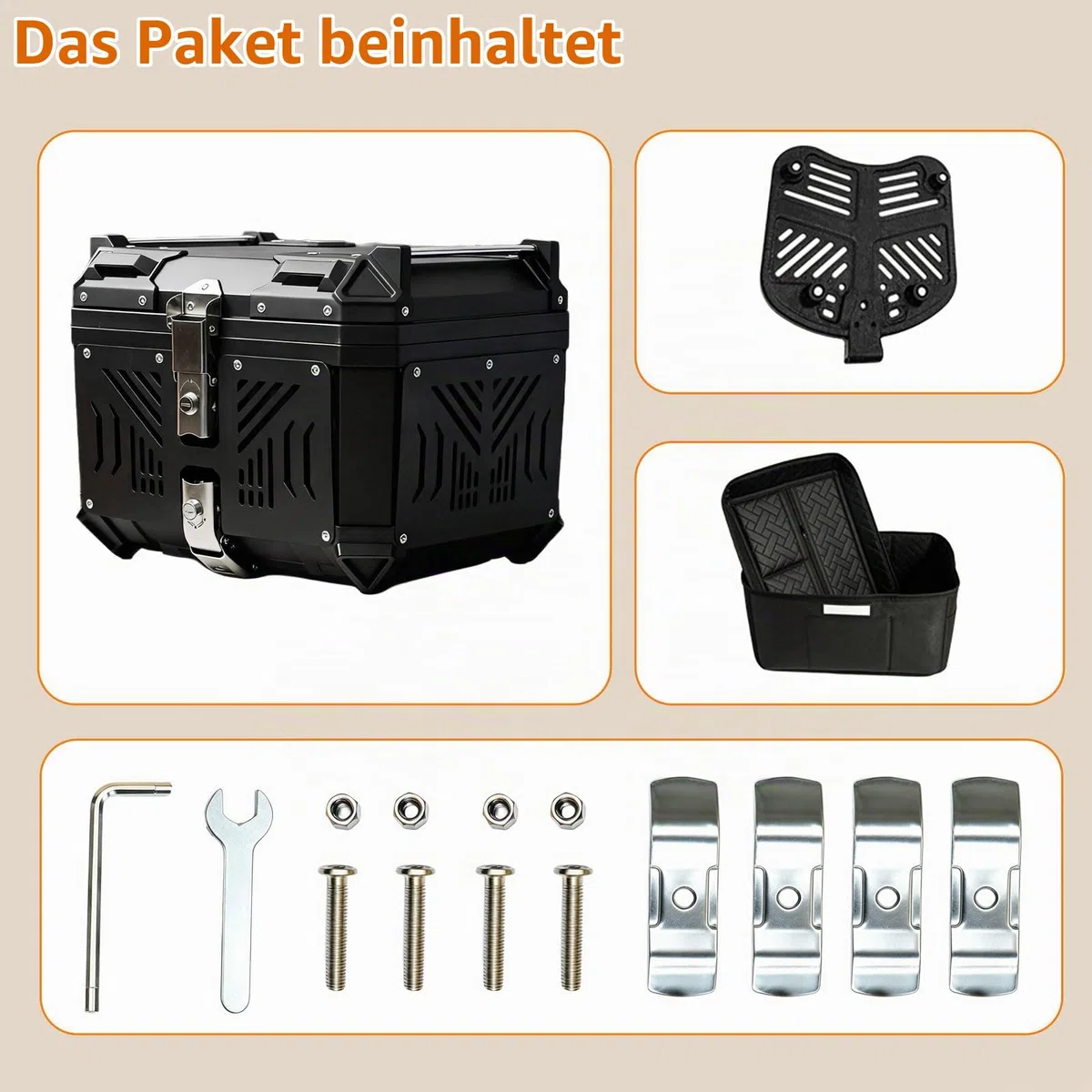 45L Motorrad Topcase wasserdicht mit Sicherheitsschloss, Aluminiumlegierung Motorradkoffer mit Kohlenstoffstahl-Bodenplatte & Diebstahlsicherung mit Federverriegelung, 40*33*33cm für Helm & Zubehör