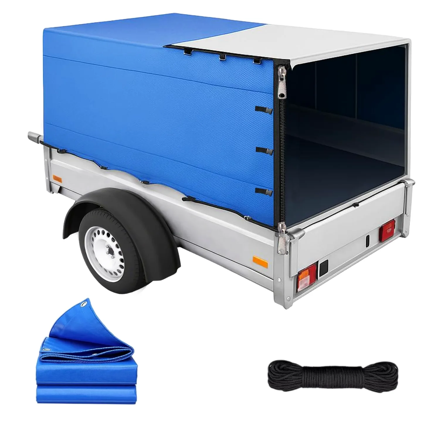 Anhänger Hochplane, Allwetter-langlebiger Trailer Cover mit Seil, 600d Oxford-Gewebe Abdeckplane Anhänger Abdeckung Plane für 750kg PKW Hänger (Mit Reißverschluss hinten)