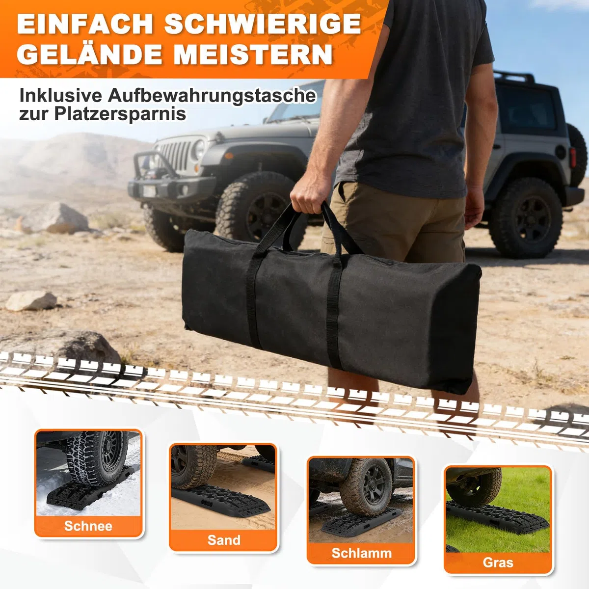 Fiqops 2x Anfahrhilfe mit Aufbewahrungstasche und Installationstool, Traktionsmatte Kunstoff Recovery Board Tracks,Reifenleiter für Sand/Schlamm/Schnee,10T Last für Geländewagen Wohnmobil PKW LKW